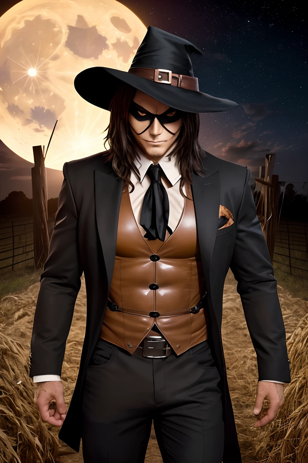 Create an image of a sexy and mysterious MAN scarecrow for Halloween. The scarecrow's body should be muscular and intimidating, con un aura amenazante. Debe tener una presencia atractiva pero misteriosa., De pie en un campo espeluznante por la noche con la luz de la luna proyectando sombra