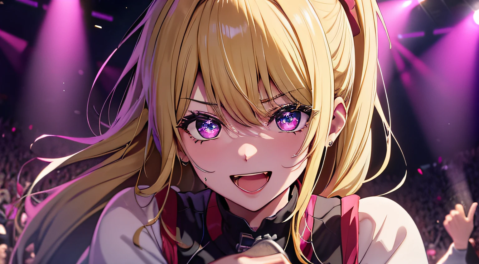 Idol singer singing with live music、AKB48、Singing while sweating alone、Popular idols、Have fun with a smile、Hairstyle is ponytail、Hair color is blonde、The left eye is red and the right eye is yellow