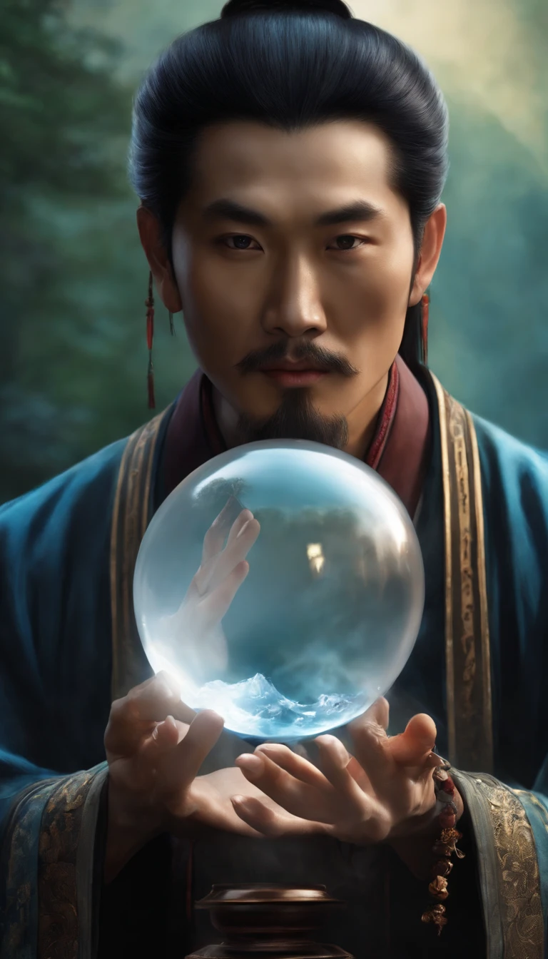 Close-up of an Asian man holding a crystal ball in his hand, Inspired by Hu Zaobin, inspired by Li Gonglin, ross tran and michael whelan, Taoist master, inspired by Wu Bin, Ross Tran 8 K, Taoist, closeup portrait of an mage, inspired by Gong Xian, inspired by Wu Daozi, inspired by Jeremy Chong