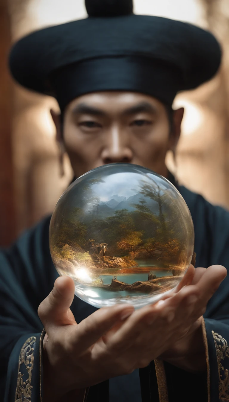 Close-up of an Asian man holding a crystal ball in his hand, Inspired by Hu Zaobin, inspired by Li Gonglin, ross tran and michael whelan, Taoist master, inspired by Wu Bin, Ross Tran 8 K, Taoist, closeup portrait of an mage, inspired by Gong Xian, inspired by Wu Daozi, inspired by Jeremy Chong