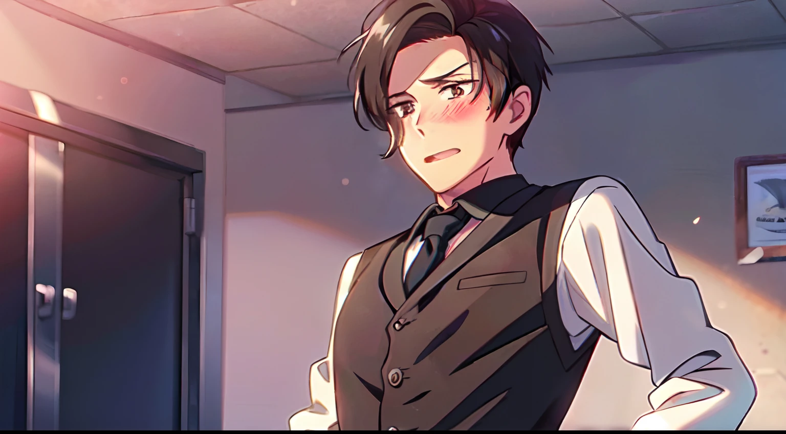 masterpiece, 1Man, (solo(, luci\(obeyme\), red eyes, black hair, luci\(everyday\), (black shirt), (red vest), red necktie, blush, indoor