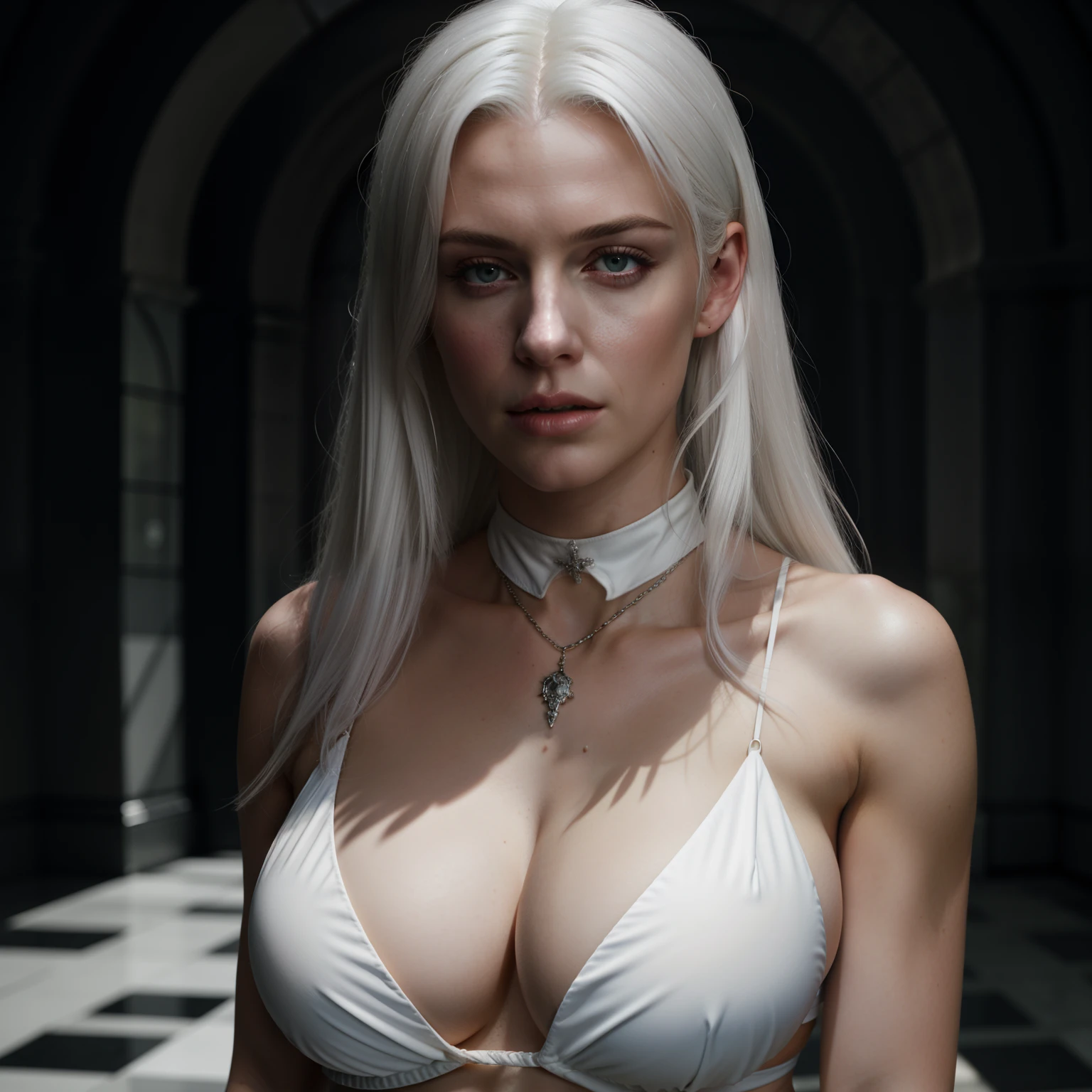 Btflindngds, a beautiful girl named Sasha, big lips, beatiful sexy white hair, gorgeous actress, european, photograph by artgerm and (greg rutkowski:0.3), (cinematic:0.4) lighting, big natural breasts, breast cleavage, bikini, dark Mansion , skinny body, jewellery, chokers, very hot girl