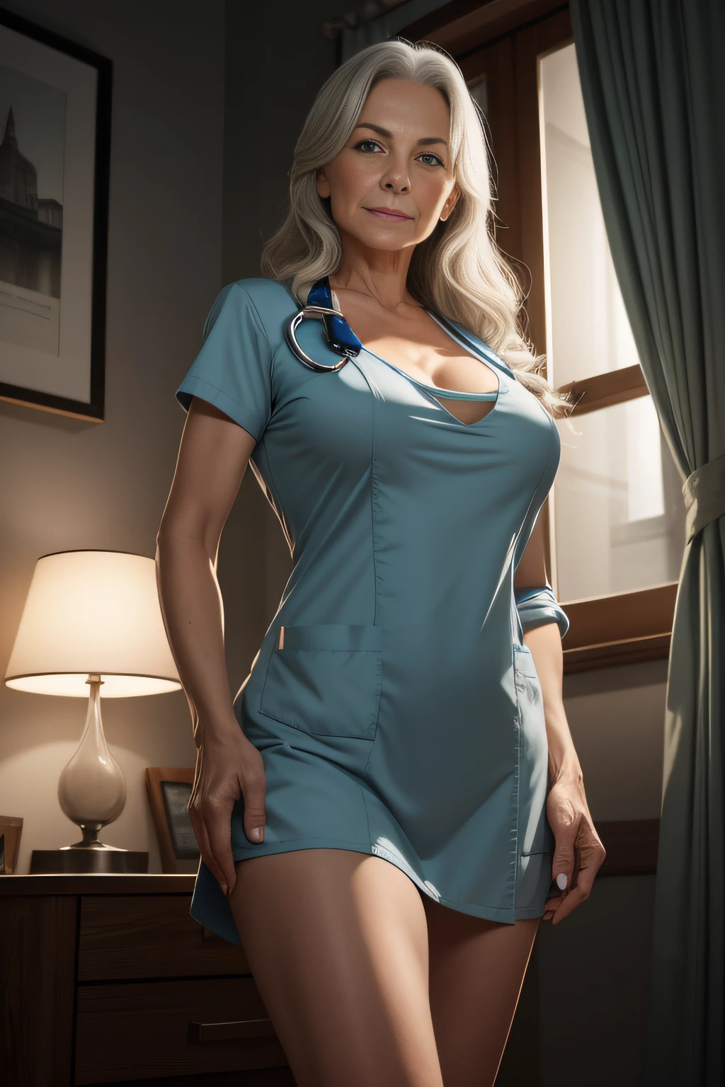 portrait of a 65-year-old woman with long gray hair, seductive gaze, green eyes, some wrinkles on her face,  8k, detailed background, utlra realistic, realism, exta realistic, wrinkles on body, hospital, blue nurse suit, random sexy pose, evening time moonshine, NSFW, nurse clothes with high neckline, beautiful full moon outside the window, showing full body, full body, extra small titts, small breasts, looking at viewer from below, light smile, teeth indoors,soft lighting, extreme detail, hdr, short hair