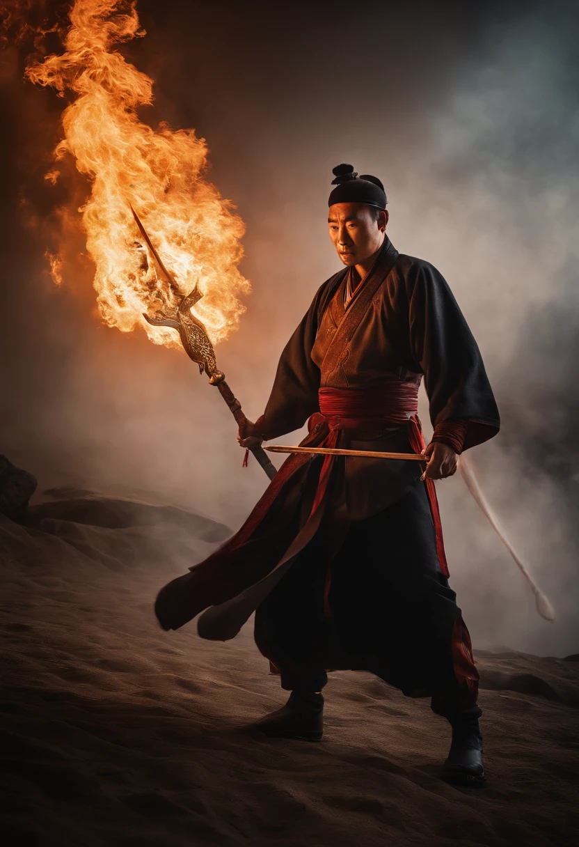A Chinese man , delicate facial features strong , surrounded by flames , wielding halberd , surrounded by halo , splash , ultra - wide angle , height perspective , looking up , cinematic lens , dynamic movement , expressive , vivid , vivid , vivid , amazing epic ancient Chinese theme , virtual and real contrast , chiaroscuro , surrounded by smoke , thick coated acrylic illustration , game CG style , oil painting