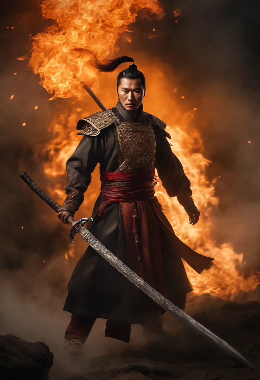 A Chinese man , delicate facial features strong , surrounded by flames , wielding halberd , surrounded by halo , splash , ultra - wide angle , height perspective , looking up , cinematic lens , dynamic movement , expressive , vivid , vivid , vivid , amazing epic ancient Chinese theme , virtual and real contrast , chiaroscuro , surrounded by smoke , thick coated acrylic illustration , game CG style , oil painting