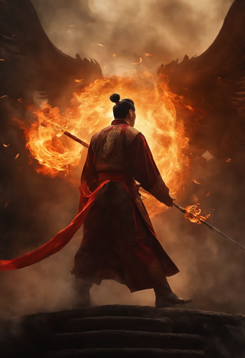 A Chinese man , delicate facial features strong , surrounded by flames , wielding halberd , surrounded by halo , splash , ultra - wide angle , height perspective , looking up , cinematic lens , dynamic movement , expressive , vivid , vivid , vivid , amazing epic ancient Chinese theme , virtual and real contrast , chiaroscuro , surrounded by smoke , thick coated acrylic illustration , game CG style , oil painting