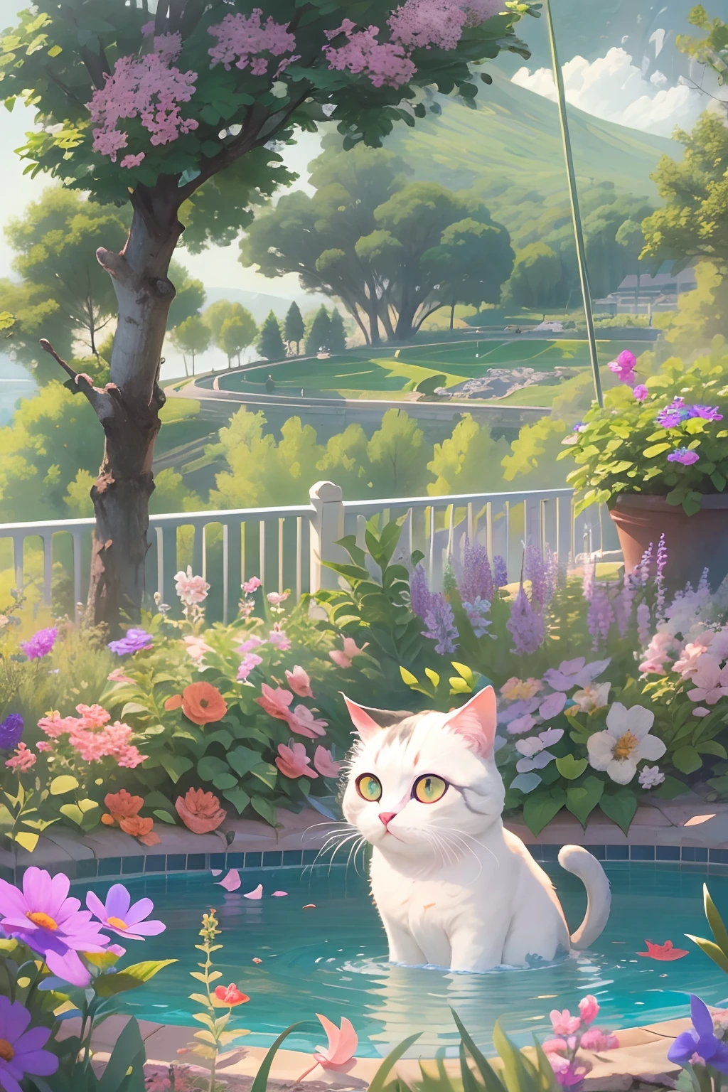 A round-eyed cat, Next to the pool, wildflowers,Far Mountain, ln the forest