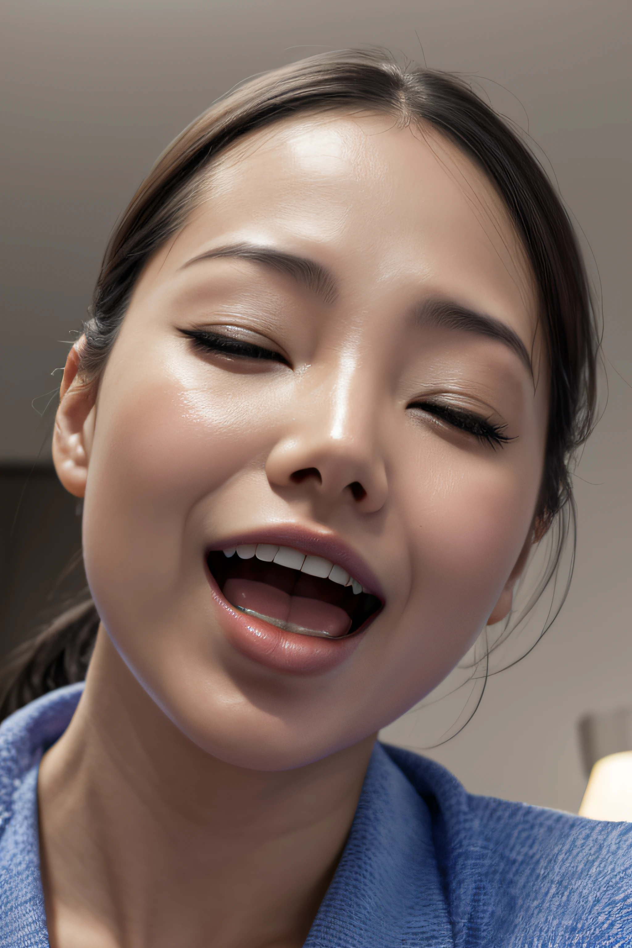 masutepiece, absurderes,award - winning photo, Extremely detailed, edgOrgasm, Woman with mouth open and eyes closed , Skin shiny with sweat、32years old、1 image1 person、Beautie、Lighting that coordinates skin luster。Examination room、Shooting angle from below、Zoom up to the nose