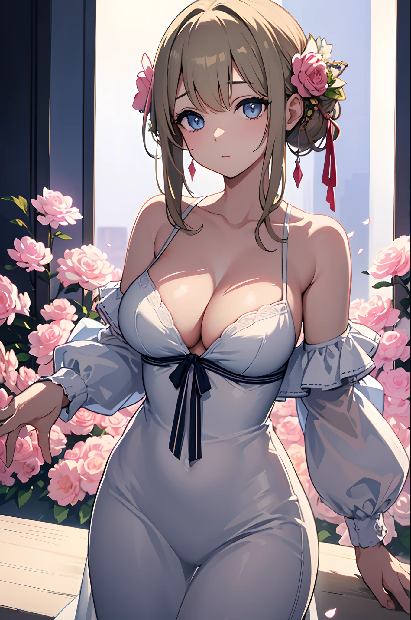 (Masterpiece:1.2, Best quality), cleavage，Large breasts，white  shirt，(fine detailed beautiful eyes: 1.2), 1girll,Large breasts, Bare shoulders, flowers and petals, Beautiful concept illustration, (White background:0.5), (illustration:1.1), (Extremely fine and beautiful:1.1), (Perfect details:1.1),  Cowboy shot,