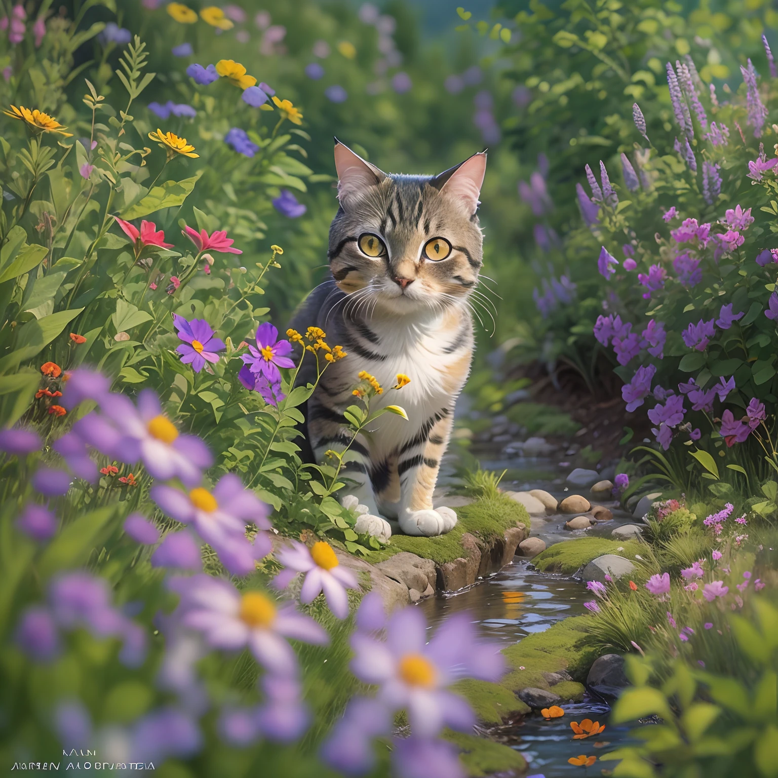 A round-eyed cat, Next to the pool, wildflowers,Far Mountain, ln the forest