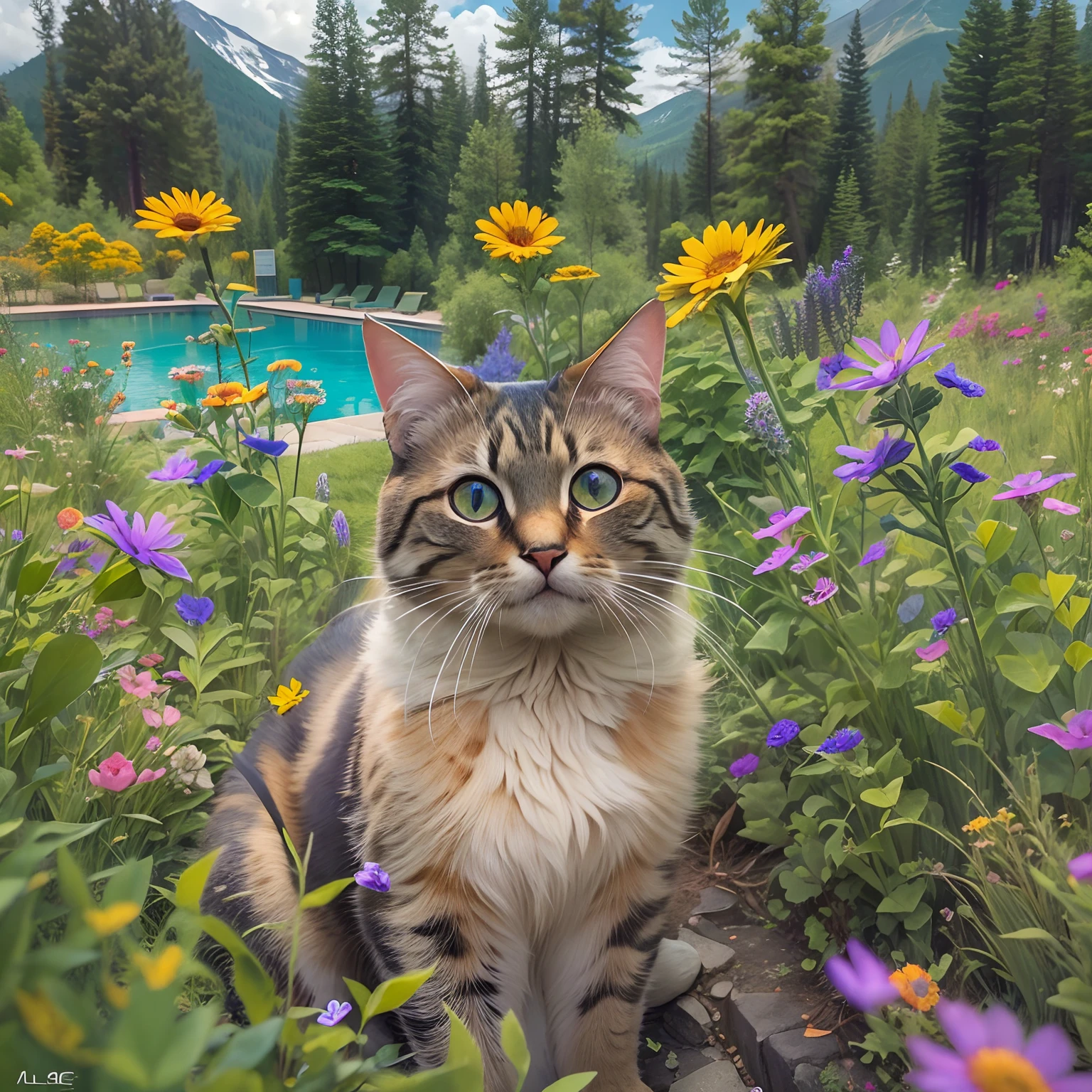 A round-eyed cat, Next to the pool, wildflowers,Far Mountain, ln the forest