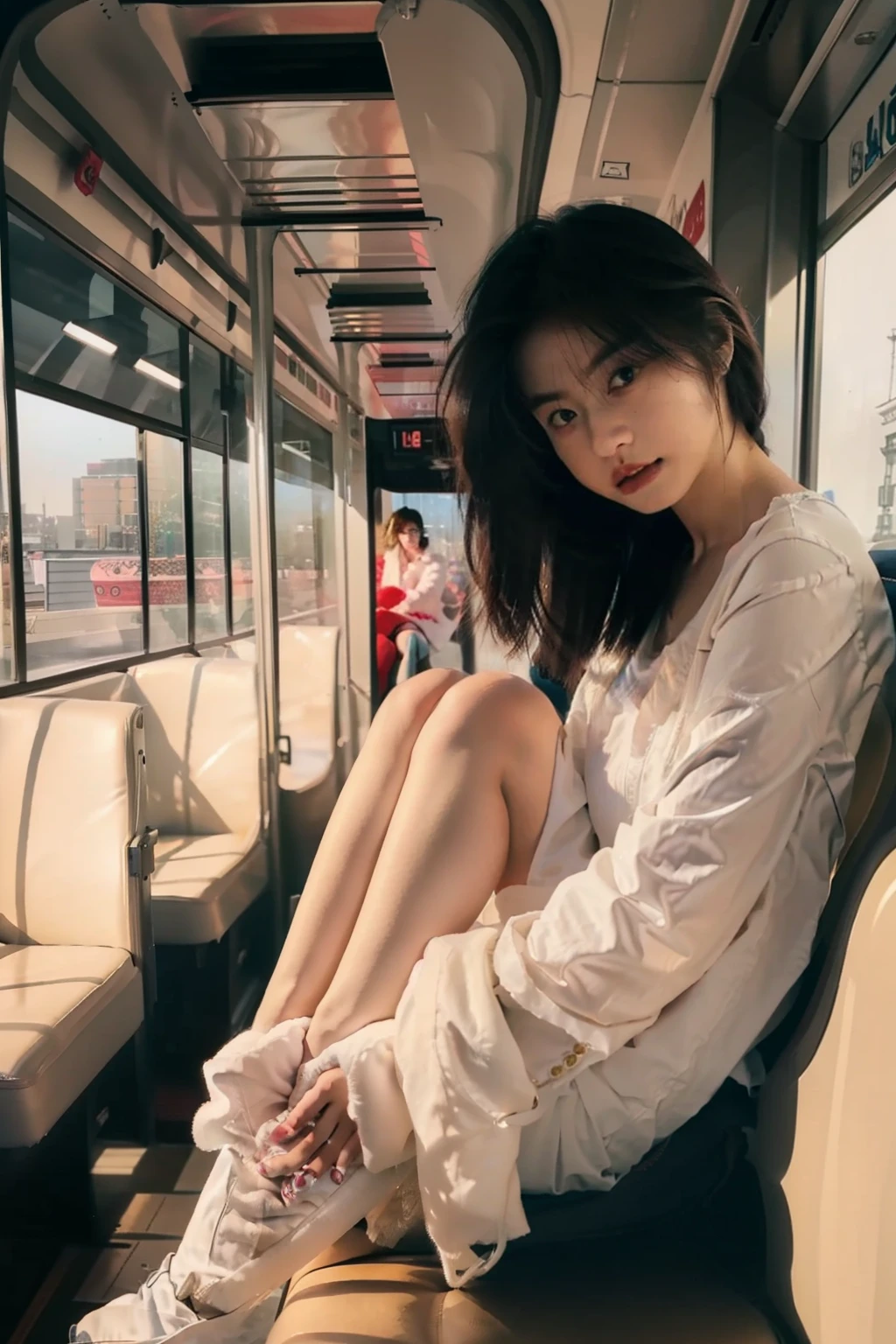 1girll,Sitting in the tram car,opening legs,Soft light is sexy