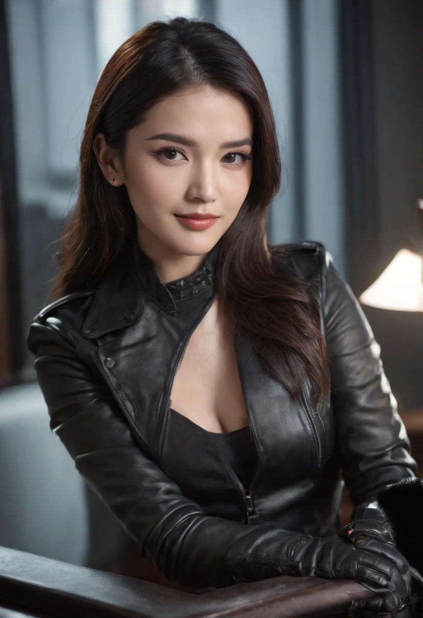 Wearing black leather gloves in both hands Upper body Black leather riders jacket Black leather skinny pants Black leather long boots Necklace on the chest Smiling at the desk in the modern study in the dark, long straight black hair Young Japanese woman (black leather gloves cover both hands) With the fingers of black leather gloves, sitting on a leather chair, working on the computer, staring at the screen