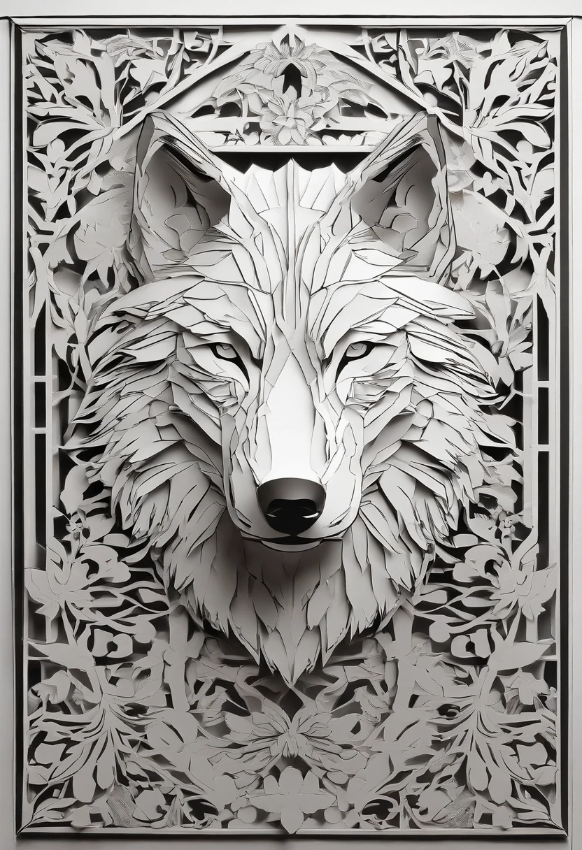 Wolf, style of Yoji Shinkawa, black and white, print, super detailed