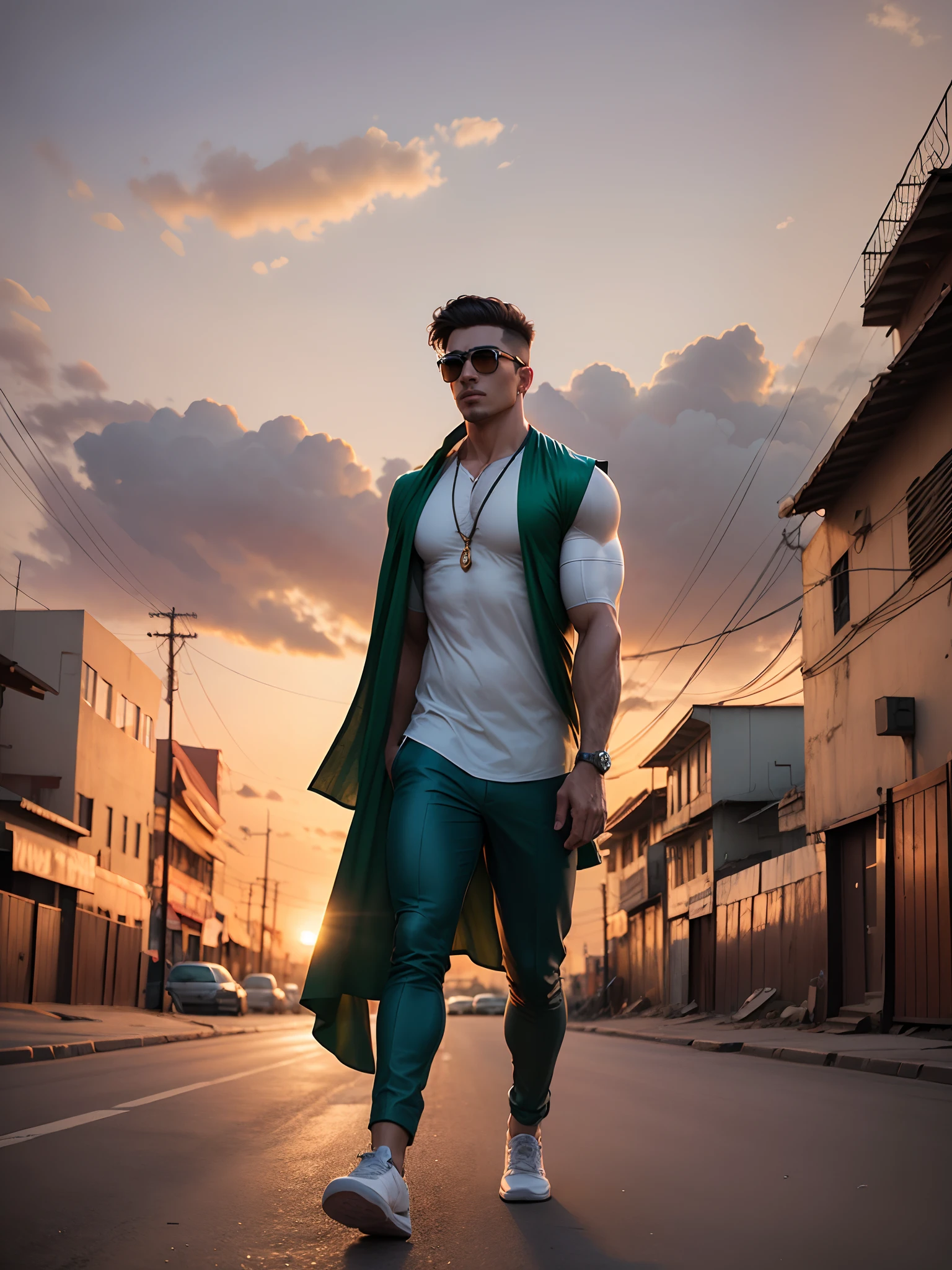 Make this photo into portrait and ulta HD clear photo and very handsome boy and bodybuilder is walking in Pakistan streat road sunset with sunglasses