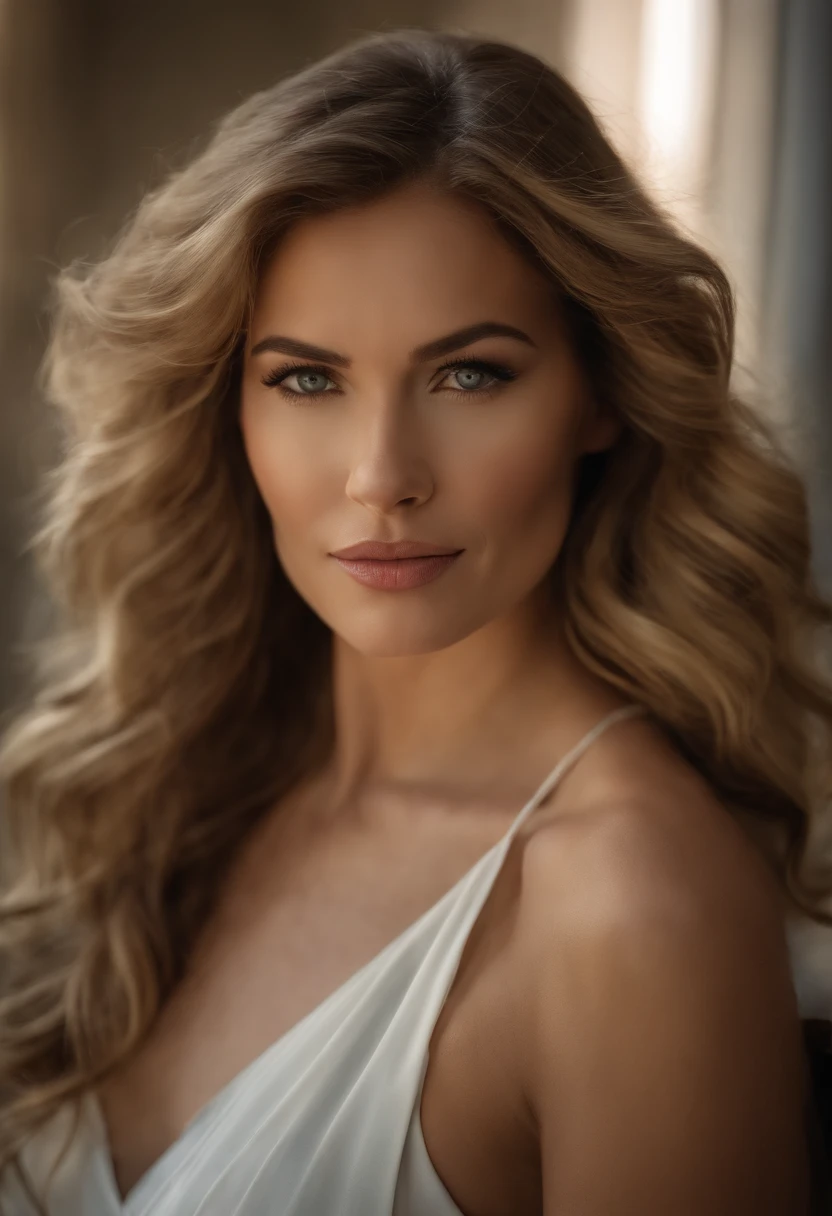 Professionell, (4k-Foto:1.1)  (Scharfer Fokus:1.3), Hohe Detailgenauigkeit, tragend (enges Hemd:1.2), beautiful detailed face, Eine attraktive Frau mit langen dunkelblonden Haaren schaut in die Kamera, sieht aus wie die Schauspielerin Katherine McNamara, Panasonic Lumix S Pro 50mm F/1.4, , fotorealistisch, (attraktive junge frau:1.3), (seductive:1.1), (flush:1.1), Hourglass Body Shape, big round breasts, betont, akzentuierter, Aufnahme von hinten, Minirock tragen, full entire body, lange Beine