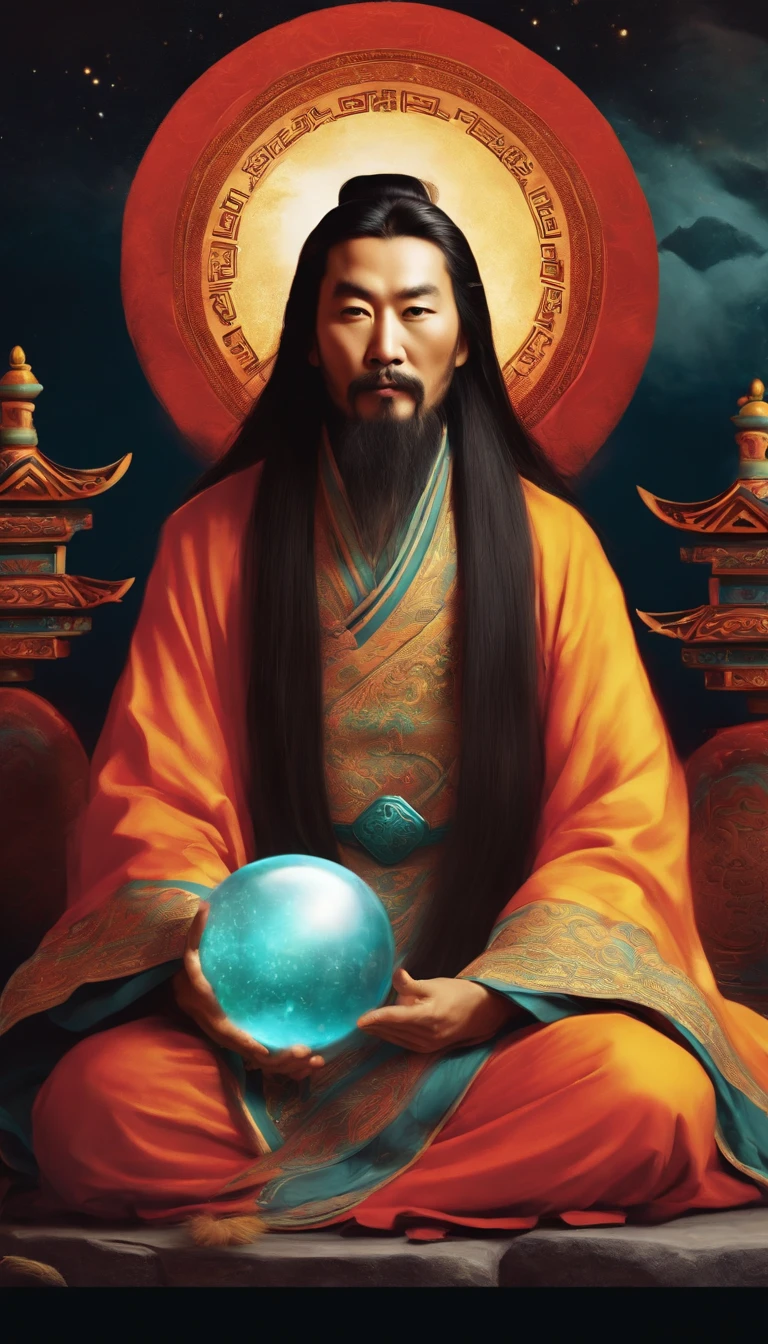 Close-up of a Chinese Taoist leader sitting on a stone,Long hair,short mustache,Holding a glowing crystal ball in his hand,staring right into camera,Meditate cross-legged, at centre,Very bright colors, Light particles, with light glowing, wallpaper art, UHD wallpaper