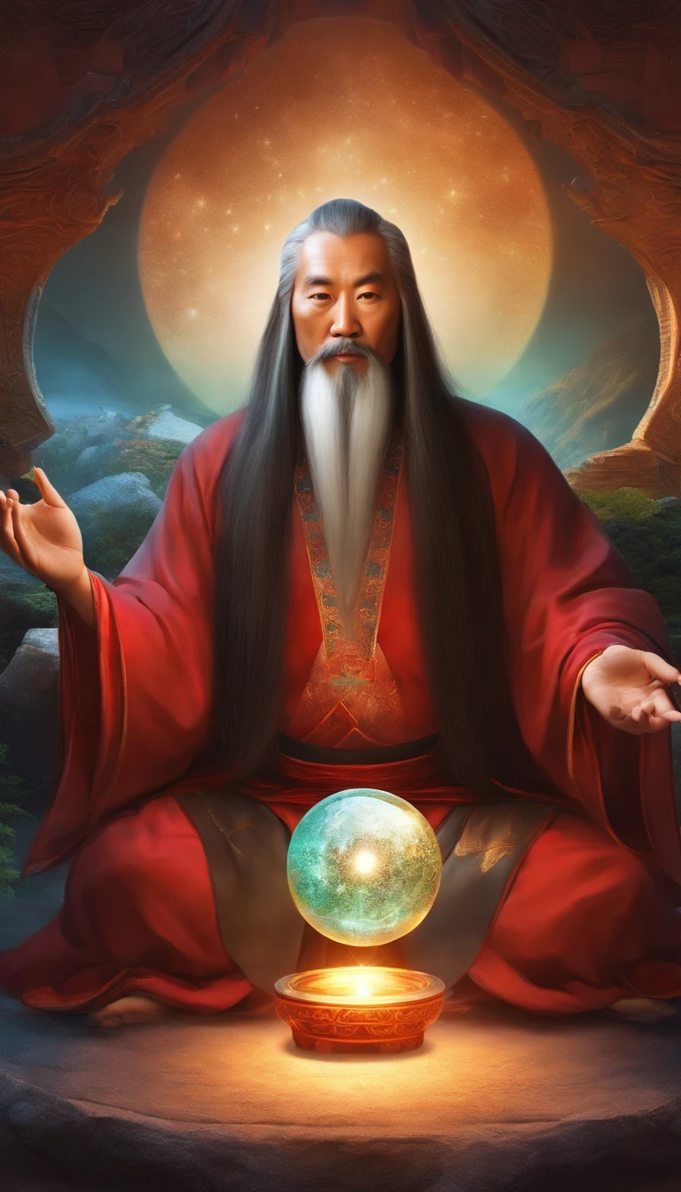 Close-up of a Chinese Taoist leader sitting on a stone,Long hair,short mustache,Holding a glowing crystal ball in his hand,staring right into camera,Meditate cross-legged, at centre,Very bright colors, Light particles, with light glowing, wallpaper art, UHD wallpaper