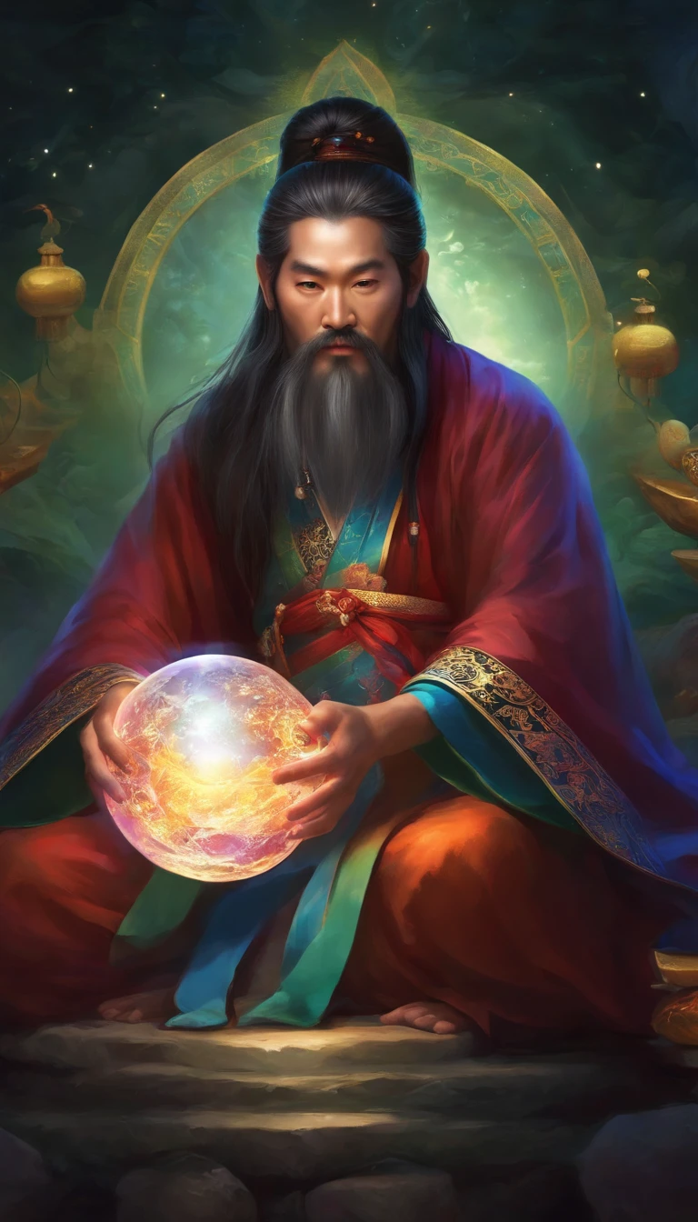 Close-up of a Chinese Taoist leader sitting on a stone，Long hair，short mustache，Holding a glowing crystal ball in his hand，staring right into camera，Meditate cross-legged, at centre，Very bright colors, Light particles, with light glowing, wallpaper art, UHD wallpaper