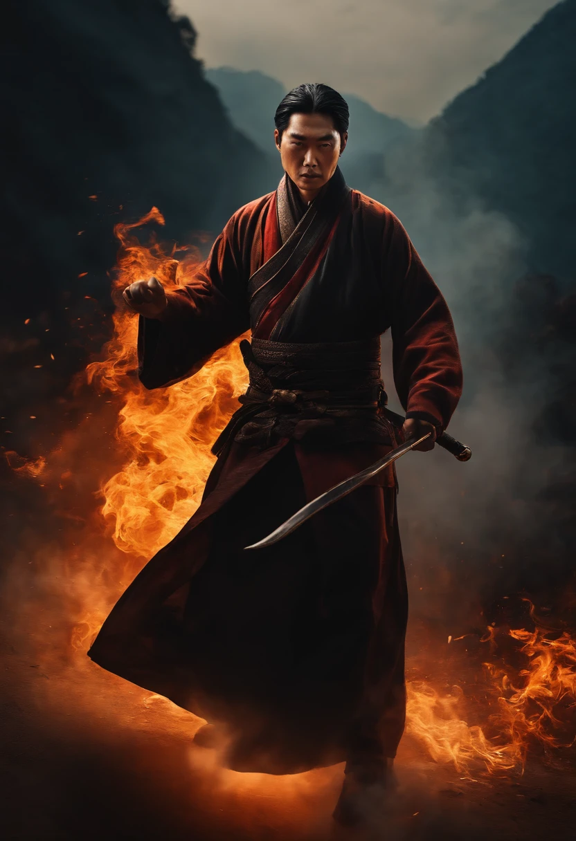 A Chinese man , Delicate facial features are powerful , Surrounded by flames , wielding a long halberd , surrounded by aura , Splash , ultra-wide-angle , High perspective , Looking up , Cinema lenses , dynamic movements , Expressive , Vivid , Vivid , Vivid , Amazing epic ancient Chinese theme , Virtual vs. real , Chiaroscuro , Surrounded by smoke , Thick coated acrylic illustration , Game cg style , Sketch hand drawn style Clean line art