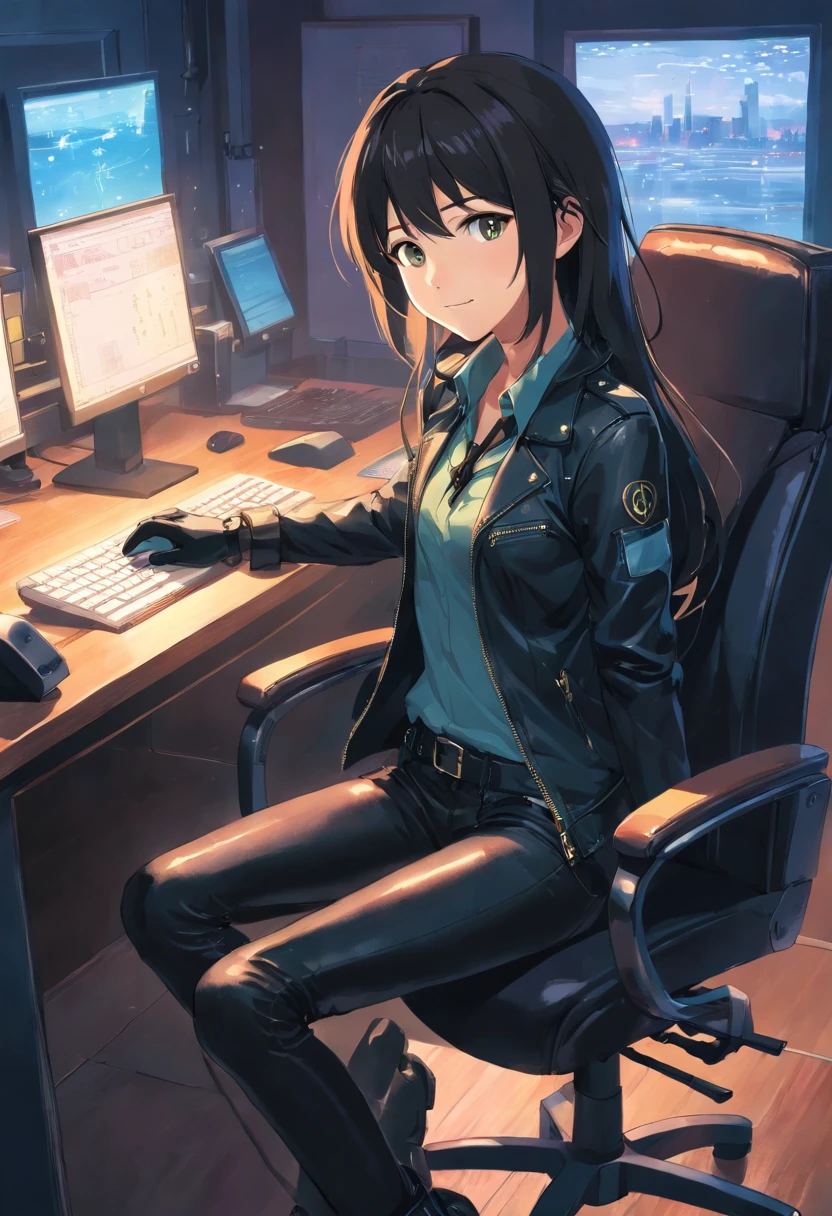Wearing black leather gloves in both hands Upper body Black leather riders jacket Black leather skinny pants Black leather long boots Necklace on the chest Smiling at the desk in the modern study in the dark, long straight black hair Young Japanese woman (black leather gloves cover both hands) With the fingers of black leather gloves, sitting on a leather chair, working on the computer, staring at the screen