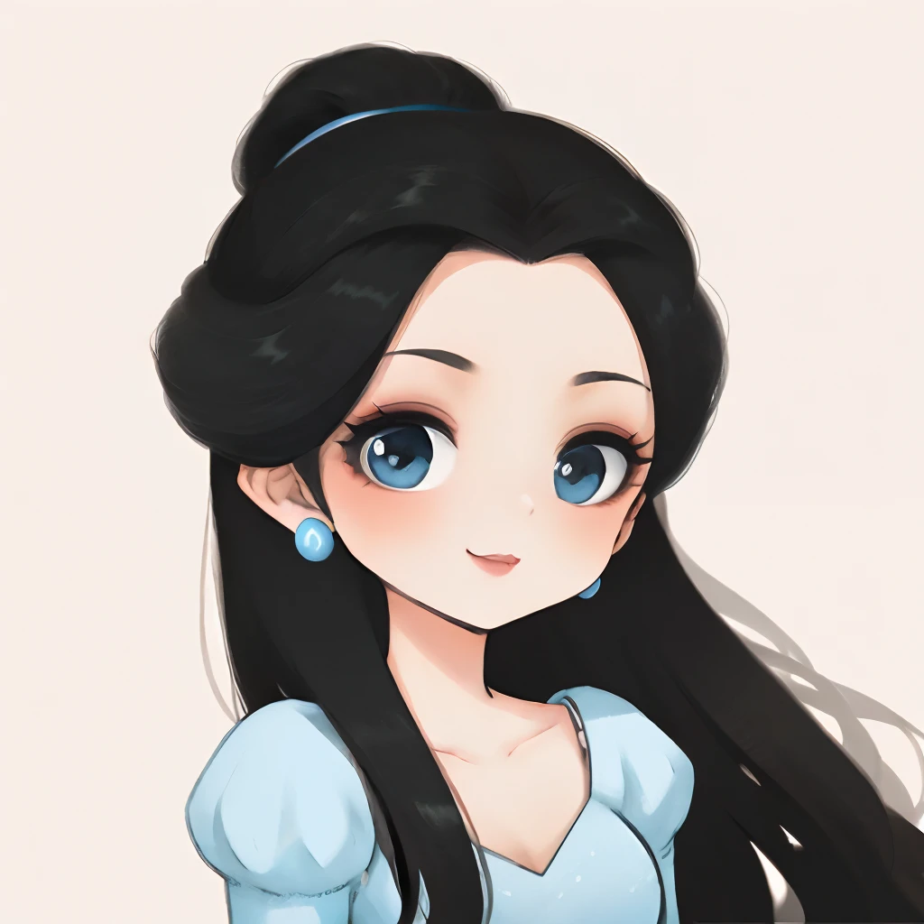 1 woman, Black hair, Blue pupils, Delicate face, Cute, Love earrings, White dress,