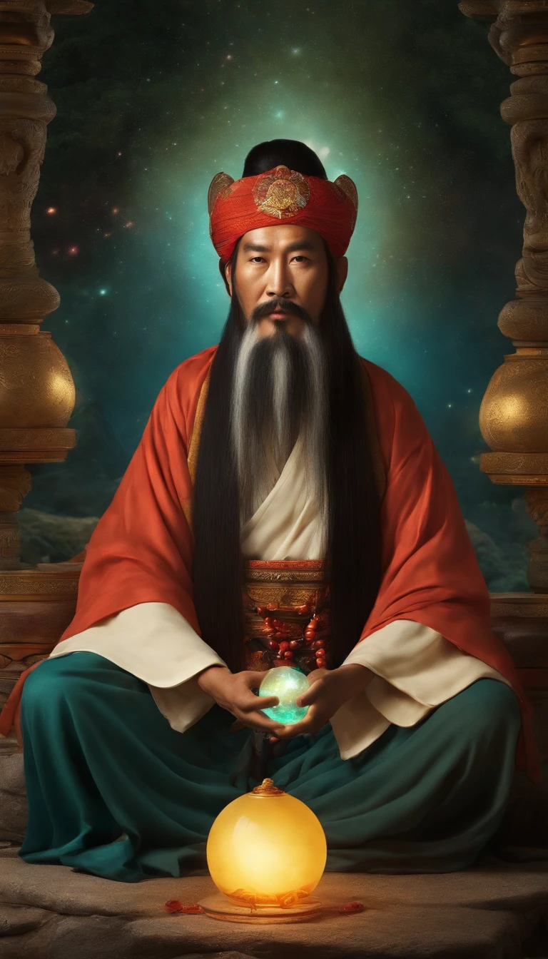Close-up of a Chinese Taoist leader sitting on a stone,Long hair,short mustache,Holding a glowing crystal ball in his hand,staring right into camera,Meditate cross-legged, at centre,Very bright colors, Light particles, with light glowing, Mshiv, wallpaper art, UHD wallpaper