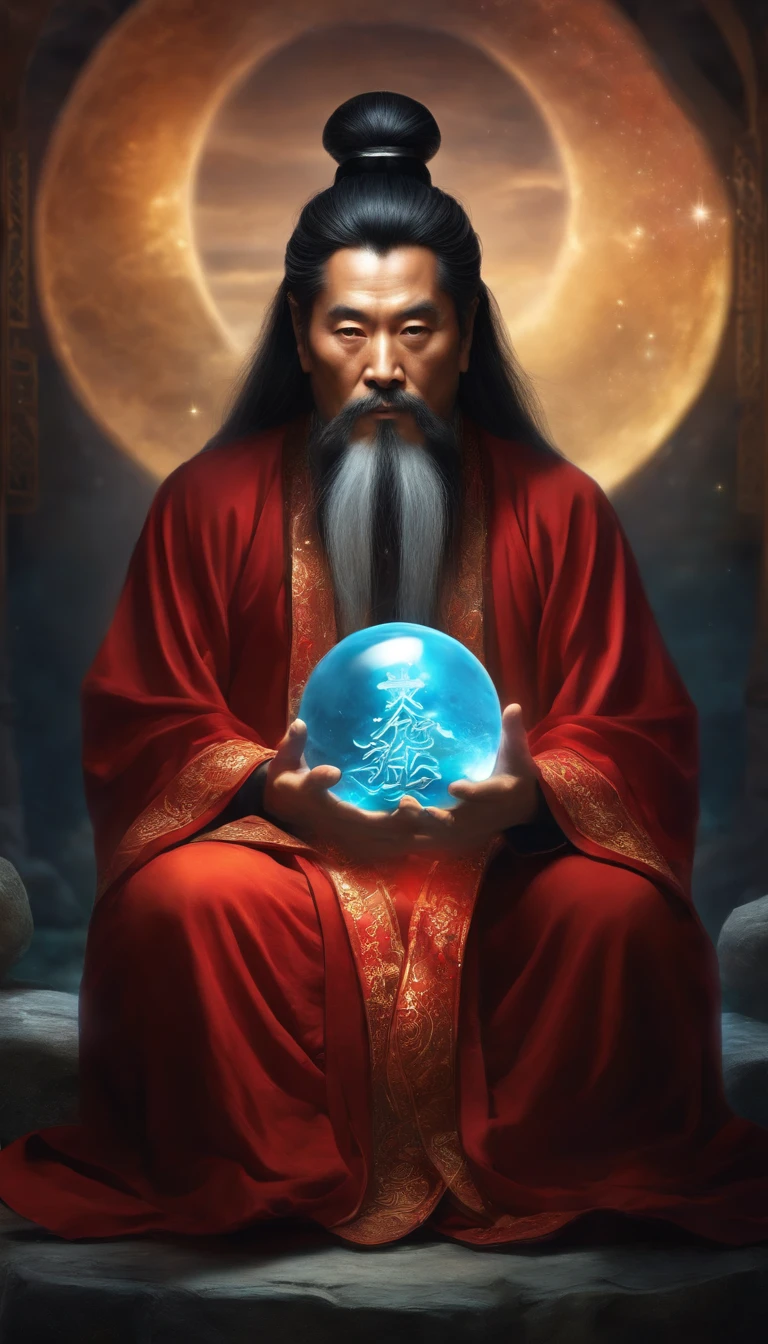Close-up of a Chinese Taoist leader sitting on a stone，Long hair，short mustache，Holding a glowing crystal ball in his hand，staring right into camera，Meditate cross-legged, at centre，Very bright colors, Light particles, with light glowing, Mshiv, wallpaper art, UHD wallpaper
