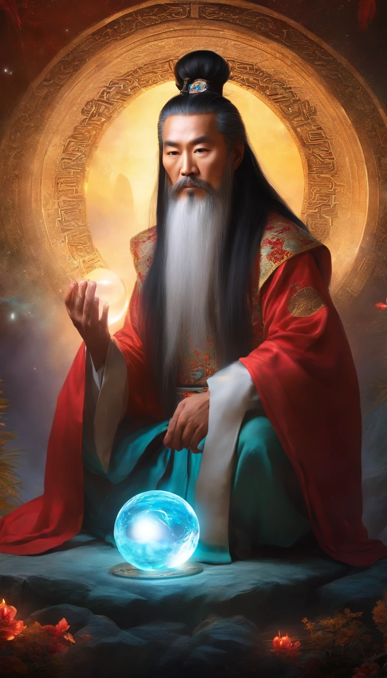 Close-up of a Chinese Taoist leader sitting on a stone,Long hair,short mustache,Holding a glowing crystal ball in his hand,staring right into camera,Meditate cross-legged, at centre,Very bright colors, Light particles, with light glowing, Mshiv, wallpaper art, UHD wallpaper