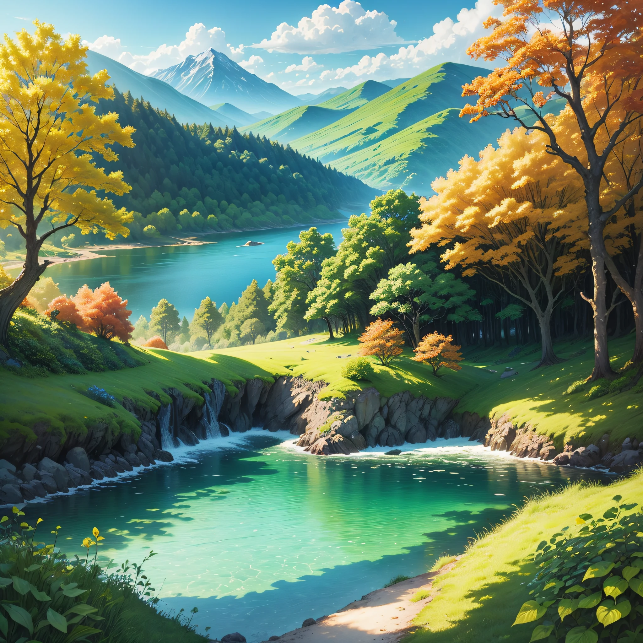 landscape tree, nature, water, landscape, sky, forest, summer, trees, green, blue, spring, river, cloud, autumn, abstract, leaf, sea, ocean, leaves, color, island, flowers, mountain, watercolor, sun