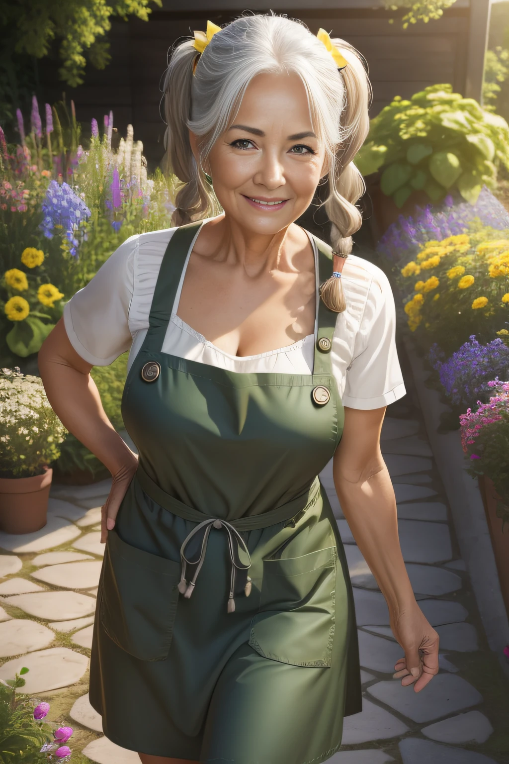 portrait of a 65-year-old woman with gray hair, seductive gaze, brown eyes, some wrinkles on her face,  8k, beautiful garden, dark green rubber boots,detailed background, wrinkles on body, spring garden, light sunshining, outdoor beautiful garden, NSFW, yellow apron with high neckline, showing full body, full body, quite small breasts are exposed, looking at viewer, smiling, teeth indoors,soft lighting, extreme detail, hdr, pigtails in the front, detailed background