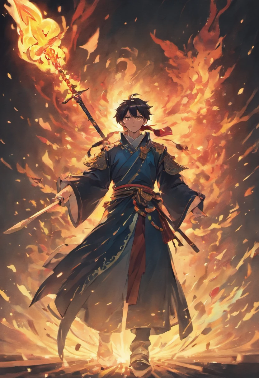 A Chinese man , Delicate facial features are powerful , Surrounded by flames , wielding a long halberd , surrounded by aura , Splash , ultra-wide-angle , High perspective , Looking up , Cinema lenses , dynamic movements , Expressive , Vivid , Vivid , Vivid , Amazing epic ancient Chinese theme , Virtual vs. real , Chiaroscuro , Surrounded by smoke , Thick coated acrylic illustration , Game cg style , Sketch hand drawn style Clean line art