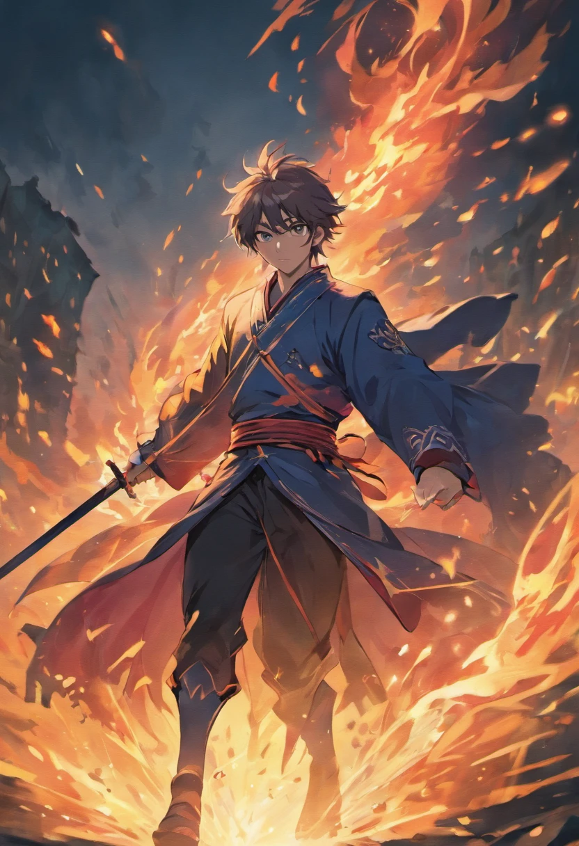 A Chinese man , Delicate facial features are powerful , Surrounded by flames , wielding a long halberd , surrounded by aura , Splash , ultra-wide-angle , High perspective , Looking up , Cinema lenses , dynamic movements , Expressive , Vivid , Vivid , Vivid , Amazing epic ancient Chinese theme , Virtual vs. real , Chiaroscuro , Surrounded by smoke , Thick coated acrylic illustration , Game cg style , Sketch hand drawn style Clean line art