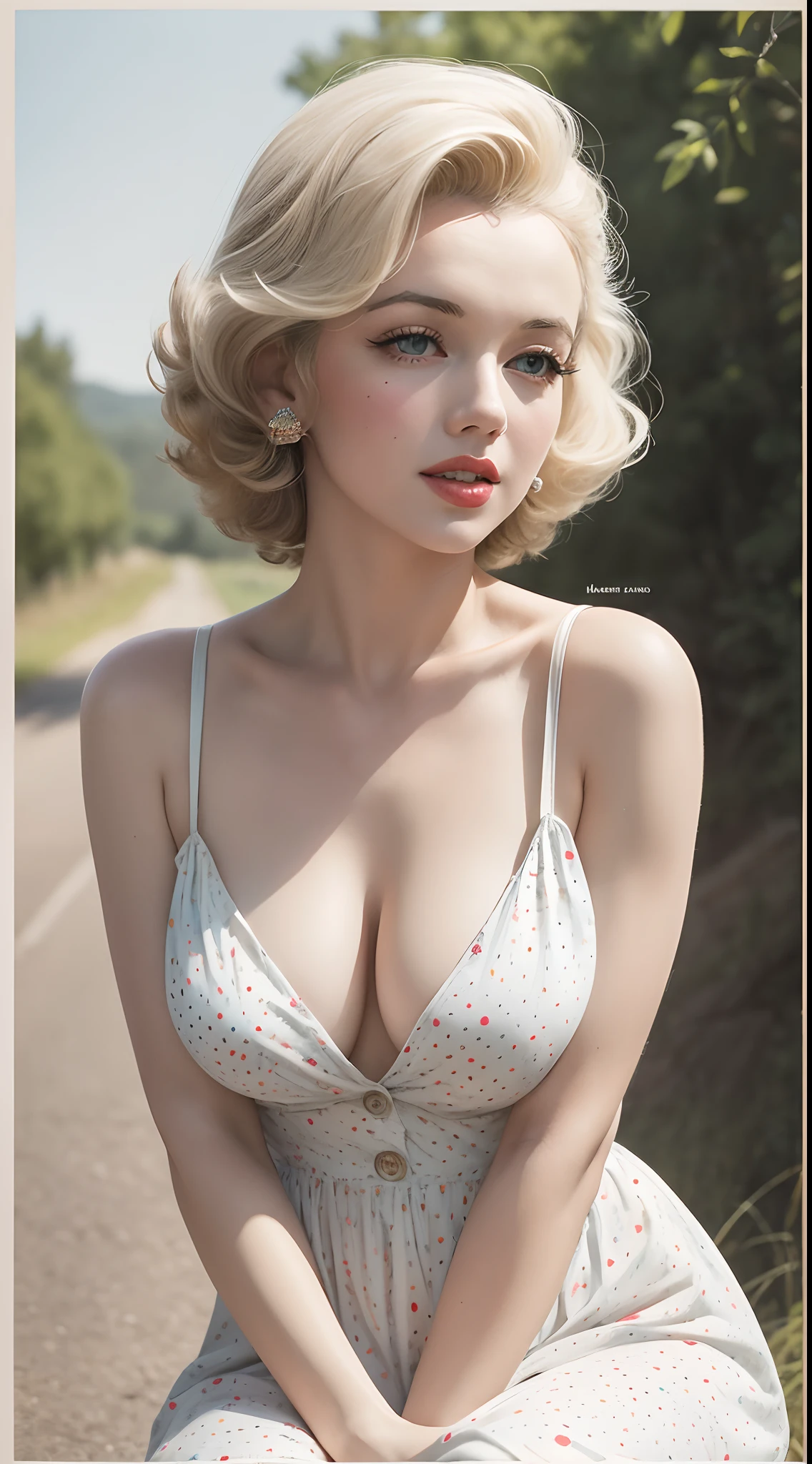 1970s Watercolor, Pen and Ink, a 25 years old Marilyn Monroe in retro fashion, pin-up style, full body, depiction of rural life, light gray and light brown and red and white and blue, in the style of classical Americana, mottled, playful innocence, white dotted, cutout from white background, in the style of Norman Rockwell, masterpiece art work.