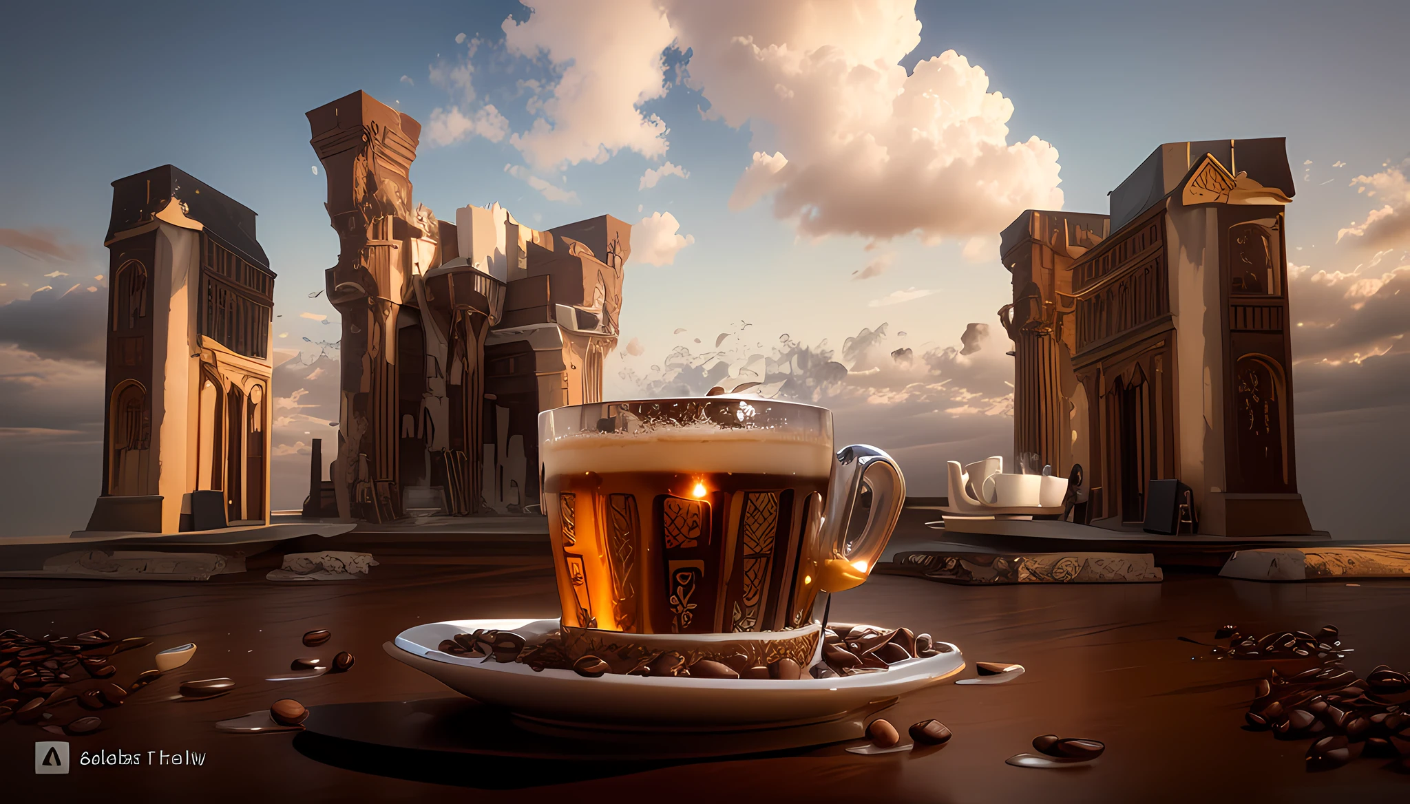 Close-up of a cup of coffee with liquid splash, detailed vfx espresso, steaming coffee, hot coffee, artistic rendering, very intense, full of steaming coffee, coffee cup, cappuccino, morning coffee, hd wallpaper, pouring, stunning design, Arabica style, coffee art, drink more coffee, amazing wallpaper, liquid, super high speed photography Feder next to a sunflower seed in a pot with historical building background...