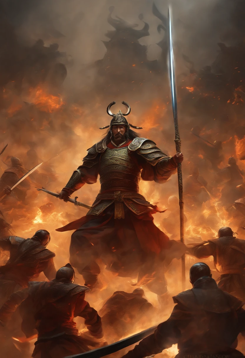 Ancient Jing Army , Delicate facial features are powerful , Surrounded by flames , wielding a long halberd , surrounded by aura , Splash , ultra-wide-angle , High perspective , Looking up , Cinema lenses , dynamic movements , Expressive , Vivid , Vivid , Vivid , Amazing epic ancient Chinese theme , Virtual vs. real , Chiaroscuro , Surrounded by smoke , Thick coated acrylic illustration , Hand drawn illustration anime sketch hand drawn style Clean line art