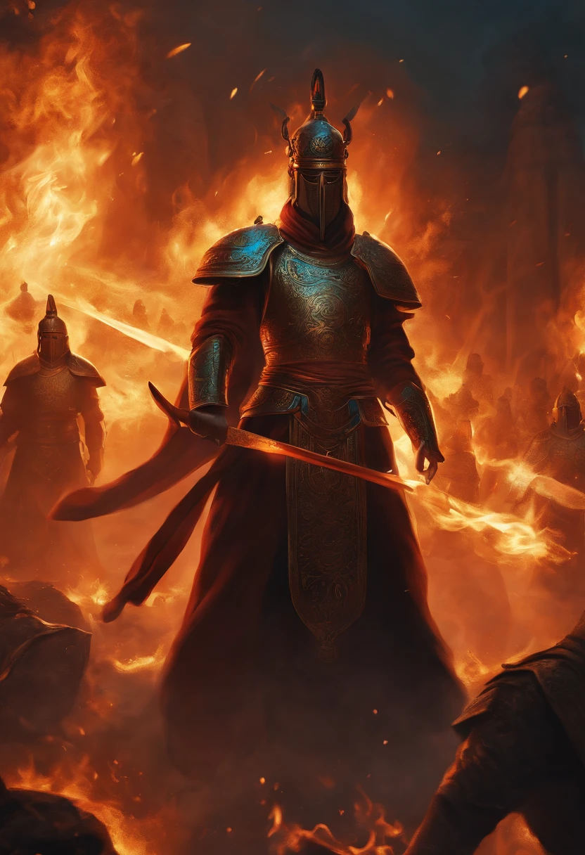 Ancient Jing Army , Delicate facial features are powerful , Surrounded by flames , wielding a long halberd , surrounded by aura , Splash , ultra-wide-angle , High perspective , Looking up , Cinema lenses , dynamic movements , Expressive , Vivid , Vivid , Vivid , Amazing epic ancient Chinese theme , Virtual vs. real , Chiaroscuro , Surrounded by smoke , Thick coated acrylic illustration , Hand drawn illustration anime sketch hand drawn style Clean line art
