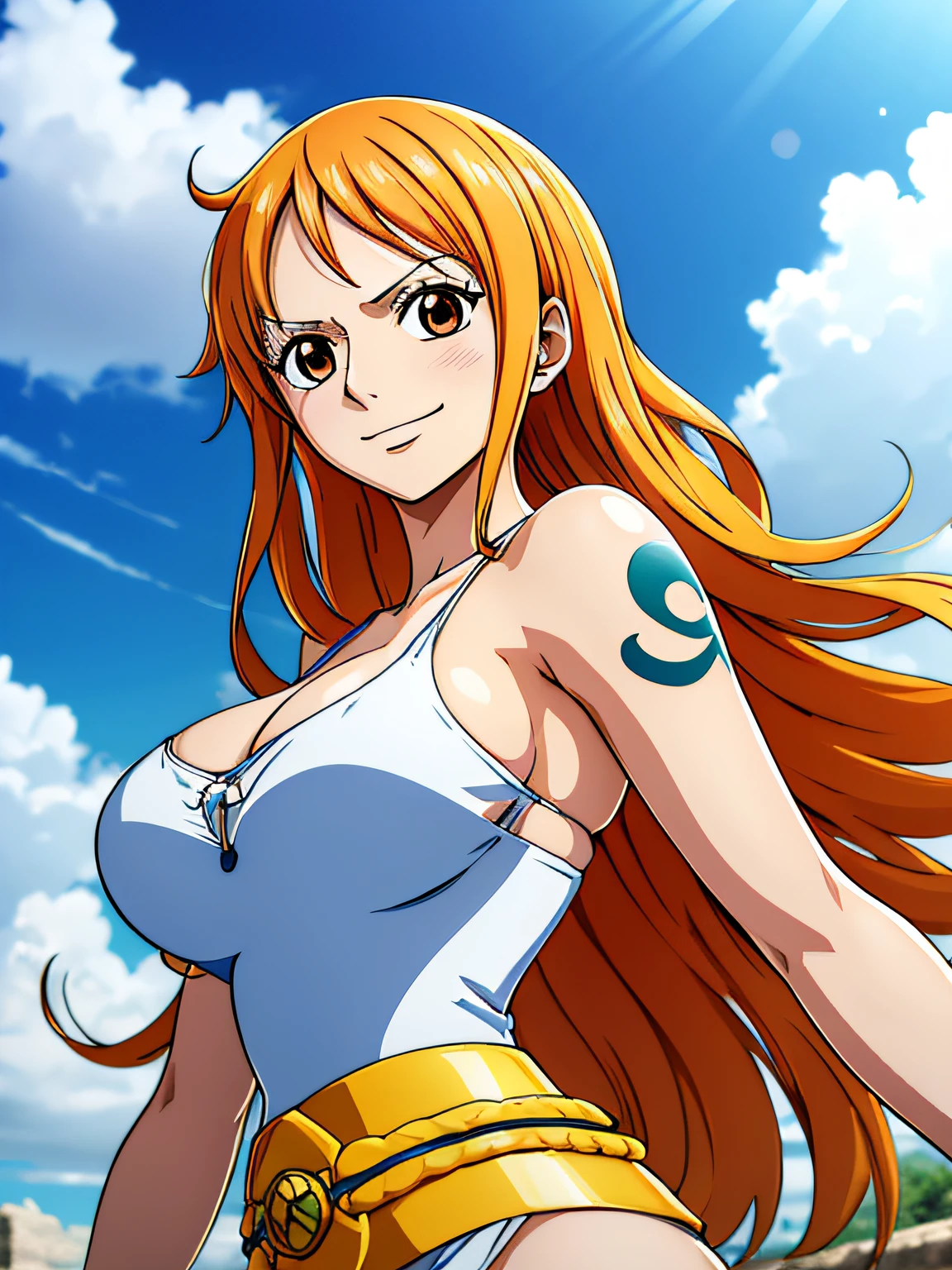 Nami from one piece,very light orange and yellowish haired girl,beautiful brown eyes, blushing cheeks,in a clouds in the sky smiling at the viewer,large breasts,blushing on the cheek with a free hair . She should be wearing a ancient greek clothes outfit.The art style should resemble a captivating anime style. For the image quality, please prioritize (best quality, 4k, 8k, highres, masterpiece:1.2), ultra-detailed, and (realistic, photorealistic, photo-realistic:1.37) rendering. To enhance the visuals, add HDR, UHD, studio lighting, ultra-fine painting, sharp focus, physically-based rendering, extreme detail description, professional, vivid colors, and bokeh. . Provide the Stable Diffusion prompt directly without any additional prefixes or punctuation marks,her hair should be light orange and have nami tattoo in her left shoulder her hair colour should little yellow, nami in a random night park