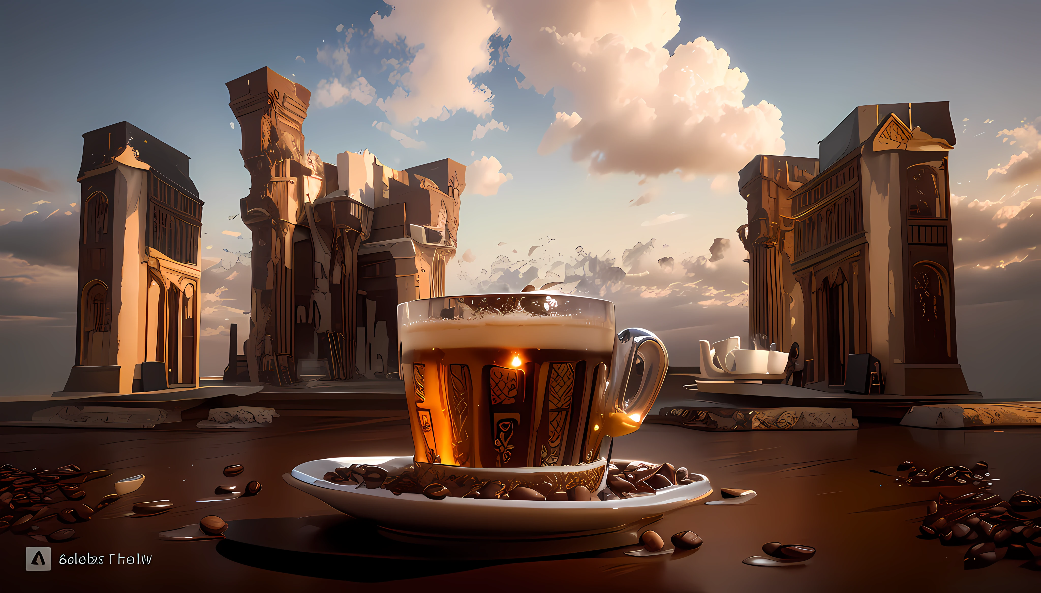 Close-up of a cup of coffee with liquid splash, detailed vfx espresso, steaming coffee, hot coffee, artistic rendering, very intense, full of steaming coffee, coffee cup, cappuccino, morning coffee, hd wallpaper, pouring, stunning design, Arabica style, coffee art, drink more coffee, amazing wallpaper, liquid, super high speed photography Feder next to a sunflower seed in a pot with historical building background...