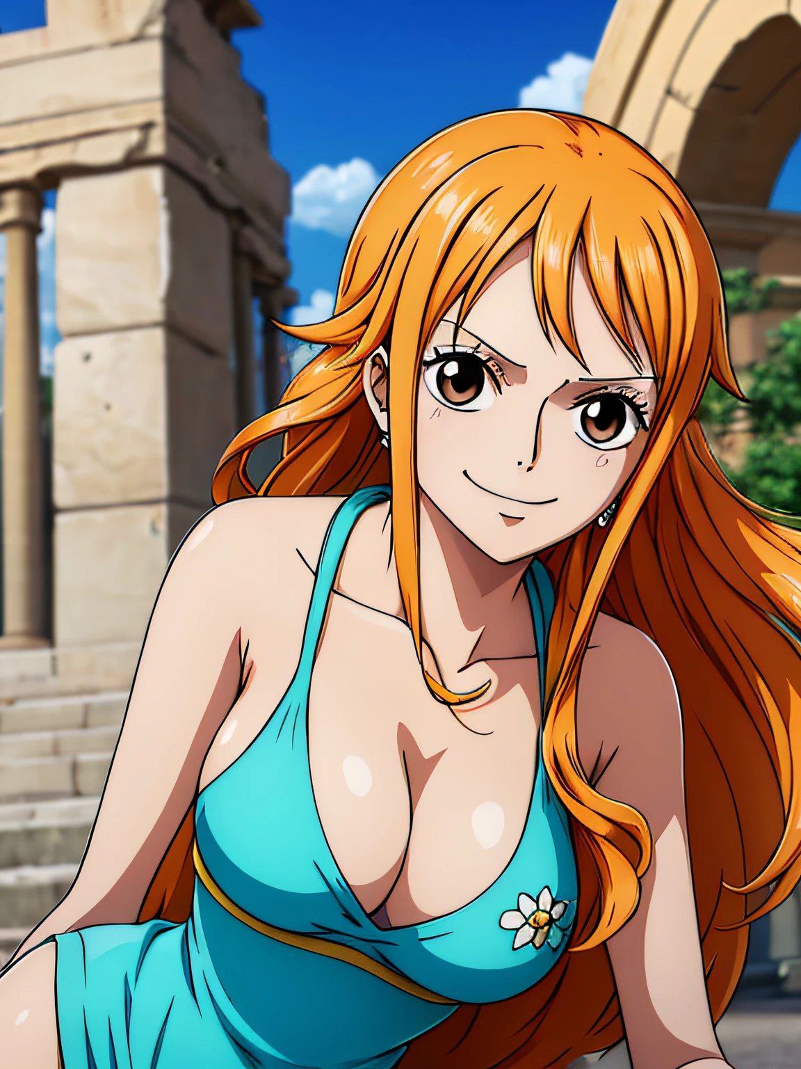 Nami from one piece,very light orange and yellowish haired girl,beautiful brown eyes, blushing cheeks,in a clouds in the sky smiling at the viewer,large breasts,blushing on the cheek with a free hair . She should be wearing a ancient greek clothes outfit.The art style should resemble a captivating anime style. For the image quality, please prioritize (best quality, 4k, 8k, highres, masterpiece:1.2), ultra-detailed, and (realistic, photorealistic, photo-realistic:1.37) rendering. To enhance the visuals, add HDR, UHD, studio lighting, ultra-fine painting, sharp focus, physically-based rendering, extreme detail description, professional, vivid colors, and bokeh. . Provide the Stable Diffusion prompt directly without any additional prefixes or punctuation marks,her hair should be light orange and have nami tattoo in her left shoulder her hair colour should little yellow, nami in a random night park