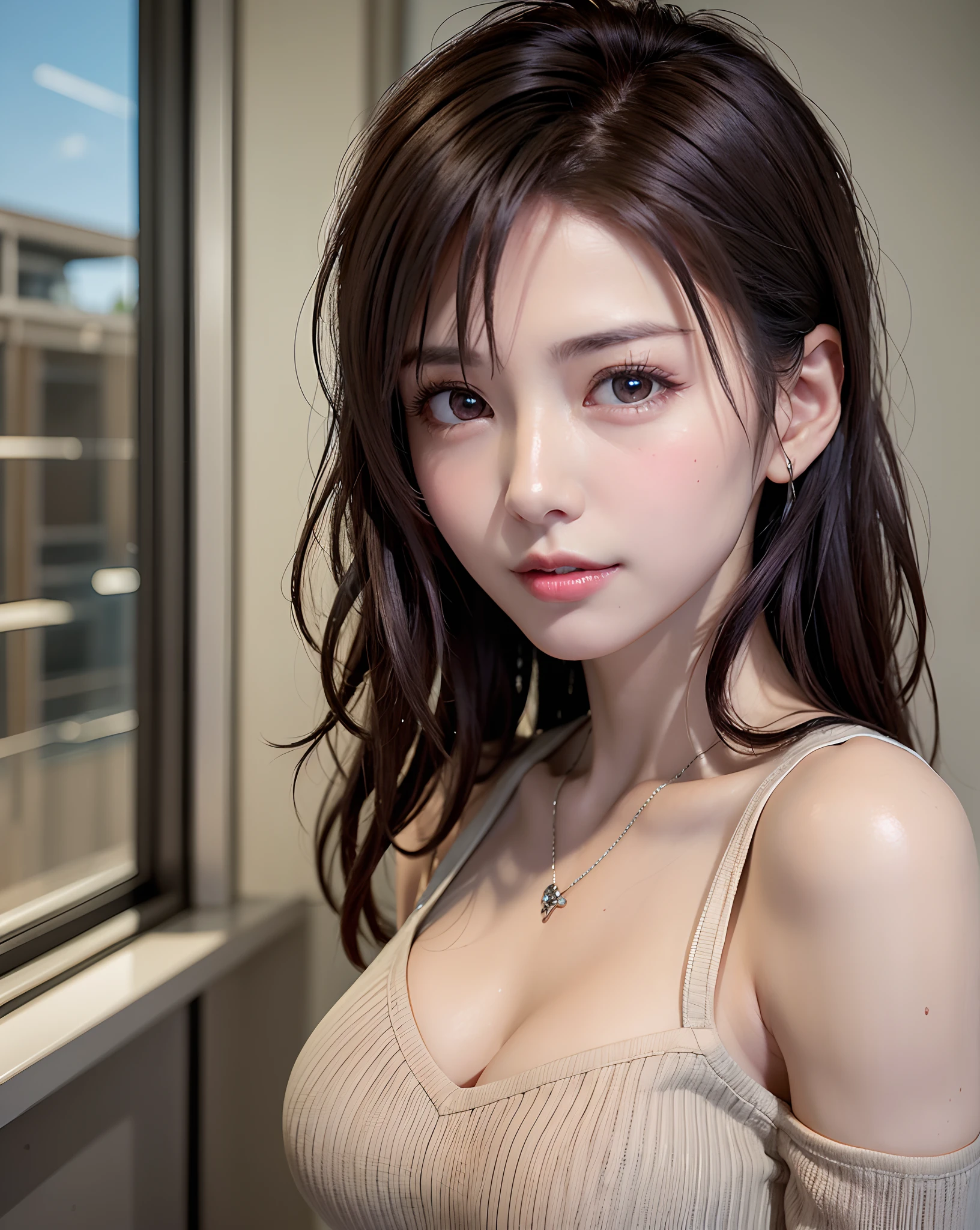 (in 8K, top-quality, ​masterpiece:1.2), (realisitic, Photorealsitic:1.37), ultra-detailliert, Natural sunlight, mideum breasts, I can see the cleavage, 1 persons, 25 year old woman, Dark hair, Pendants, Torn shorts, Light Knit V-Neck Shirt, At the time of performance, extremely detailed face and skin, A detailed eye, extremely detailed face and skin