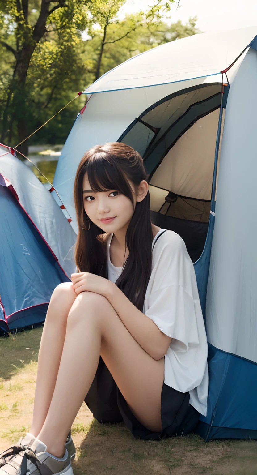 (top-quality、​masterpiece:1.2)、Best Quality、realisitic、photoshot、hight resolution、1080p、8K、Textured skin、Physical Rendering、1 Japan 、girl with、High school 、kawaii、Young Face、Farbe々Hairstyle、(Camping on the lake:1.5)、Autumn outfit:1.5、full of shyness、smil、Big