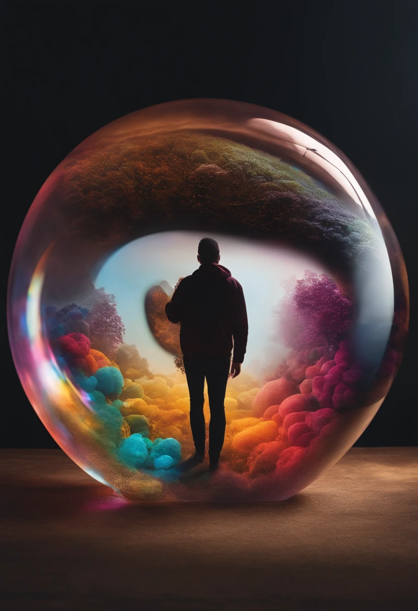 Create an image that represents a user trapped in a filter bubble, highlighting how social media platforms and search engines can limit exposure to different perspectives