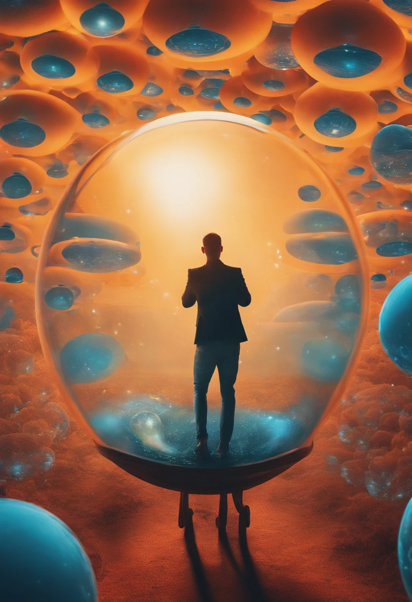 Create an image that represents a user trapped in a filter bubble, highlighting how social media platforms and search engines can limit exposure to different perspectives
