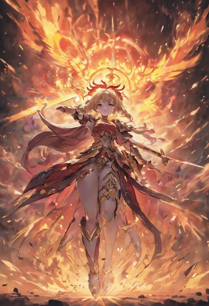 score_9, score_8_up, score_7_up, source_anime,masterpiece, best quality, high resolution, extremely detailed CG, absurdres, 1girl, solo, Dynamic hair,Blonde hair,High ponytail,Blue eyes,ruby tiara,White open-chest high-leg swimsuit,Gold light armor,Anime girl,Huge flame broadsword in hand,dramatic wielding sword pose,Powerful aggressive sword stance,phoenix warrior,she has fire powers,flying scarlet phoenix,detailed anime art,with fiery golden wings of flame,appears as the fire goddess,Magic Knight,heroine