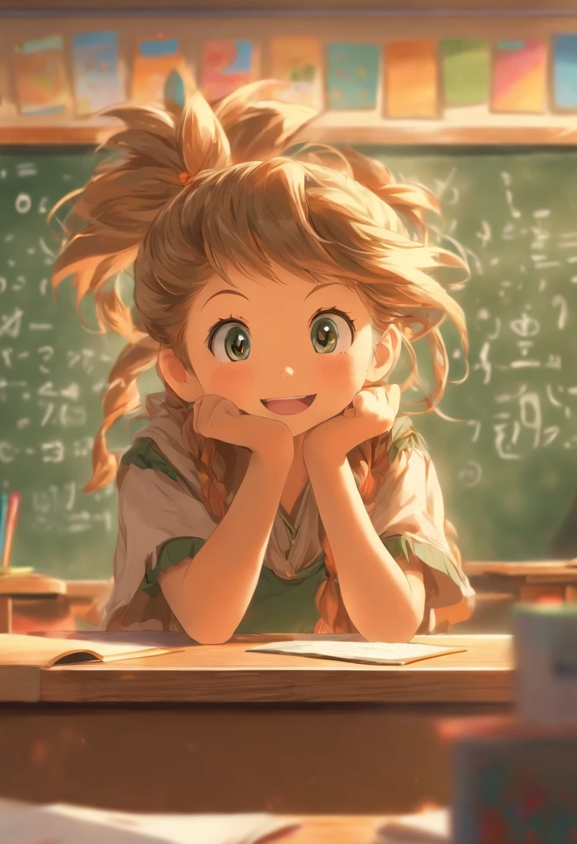 Five-year-old girl in classroom, blackboards, Study desk,window.