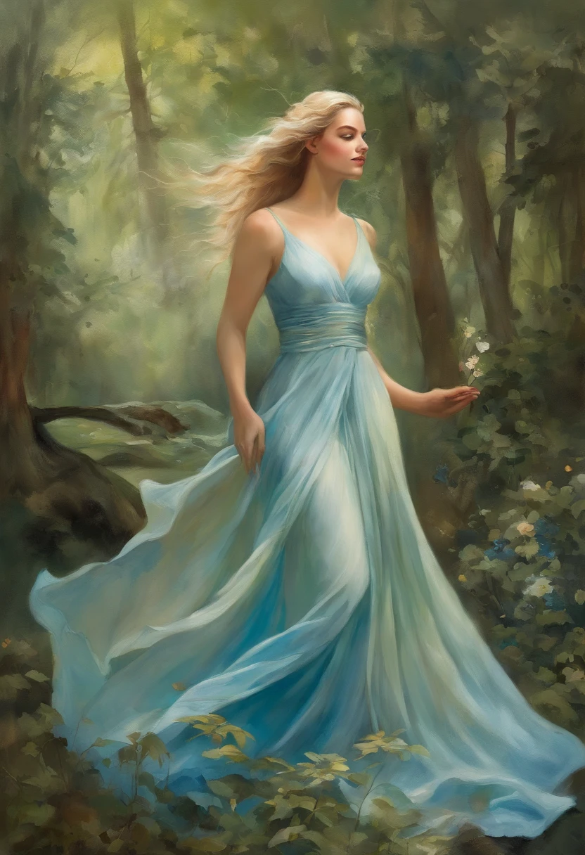 , Flowers, long flowing fabric for dresses, Clear Face Magary Villeneuve, magali villeneuve, inspired by Magali Villeneuve, graphic artist magali villeneuve, magali villeneuve and monet, charlie bowater and artgeem, Charlie Bauer and Tom Bagshaw, Darius Zawacki and Tom Bagshaw、goddess of the forest、Ancient costumes、corolla、Smile gently、Walking、a blond、lots of trees、the woods、Somi、Tall lady、blue eyess