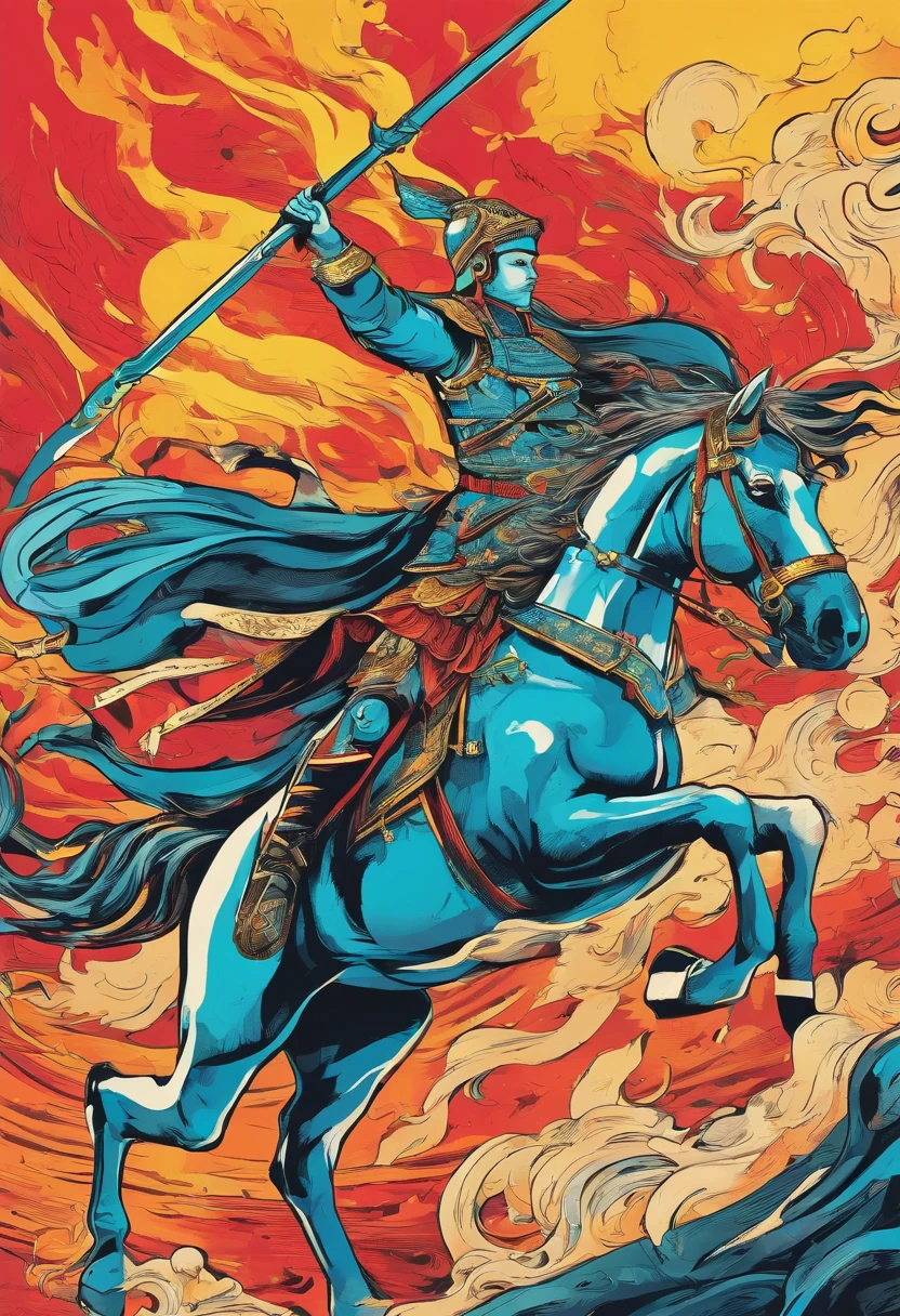 Ancient generals rode horses , Delicate facial features are powerful , Surrounded by flames , wielding a long halberd , surrounded by aura , Splash , ultra-wide-angle , High perspective , Looking up , Cinema lenses , dynamic movements , Expressive , Vivid , Vivid , Vivid , Amazing epic ancient Chinese theme , Virtual vs. real , Chiaroscuro , Surrounded by smoke , Thick coated acrylic illustration , Hand drawn illustration anime sketch hand drawn style Clean line art