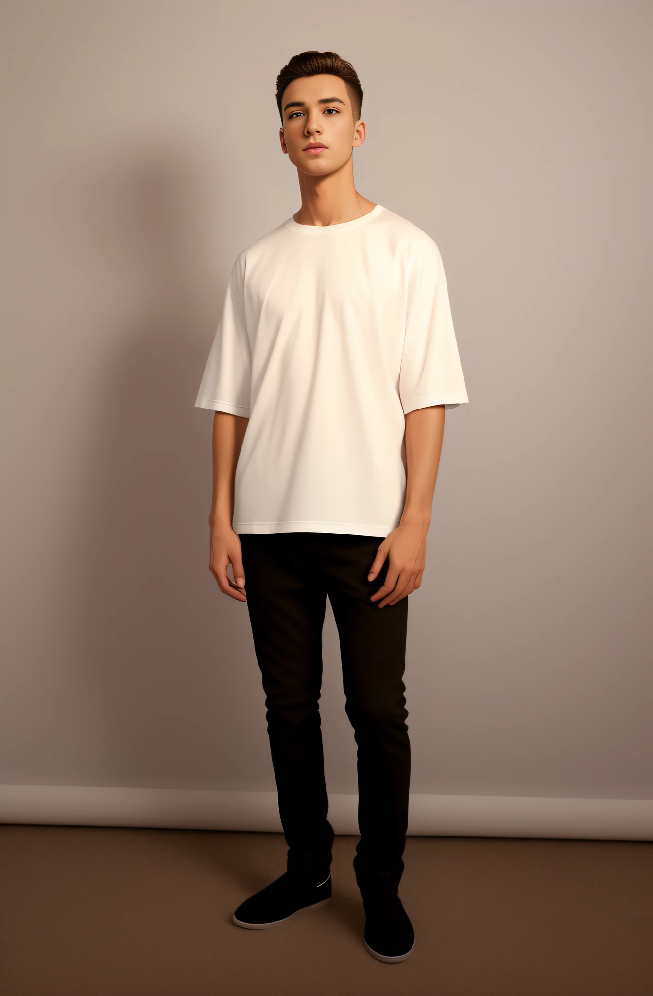 handsom man in a white shirt standing in front of a wall,full white background, fashion, luxury, extra detail, man in white basic oversized tshirt, white t-shirt, white t - shirt, young man with short, white tshirt, dressed in a white t shirt, plain white tshirt, dressed in a white t-shirt, young man with medium - length, medium portrait top light, (8k, RAW photo, best quality, masterpiece:1.2), (realistic, photo-realistic:1.37), professional lighting, photon mapping, radiosity, physically-based rendering, real looking skin, very detailed skin, healthy skin, ultra realistic photo, perfect male anatomy, perfect shoulders, proportionate shoulders, proportional neck, perfect neck,