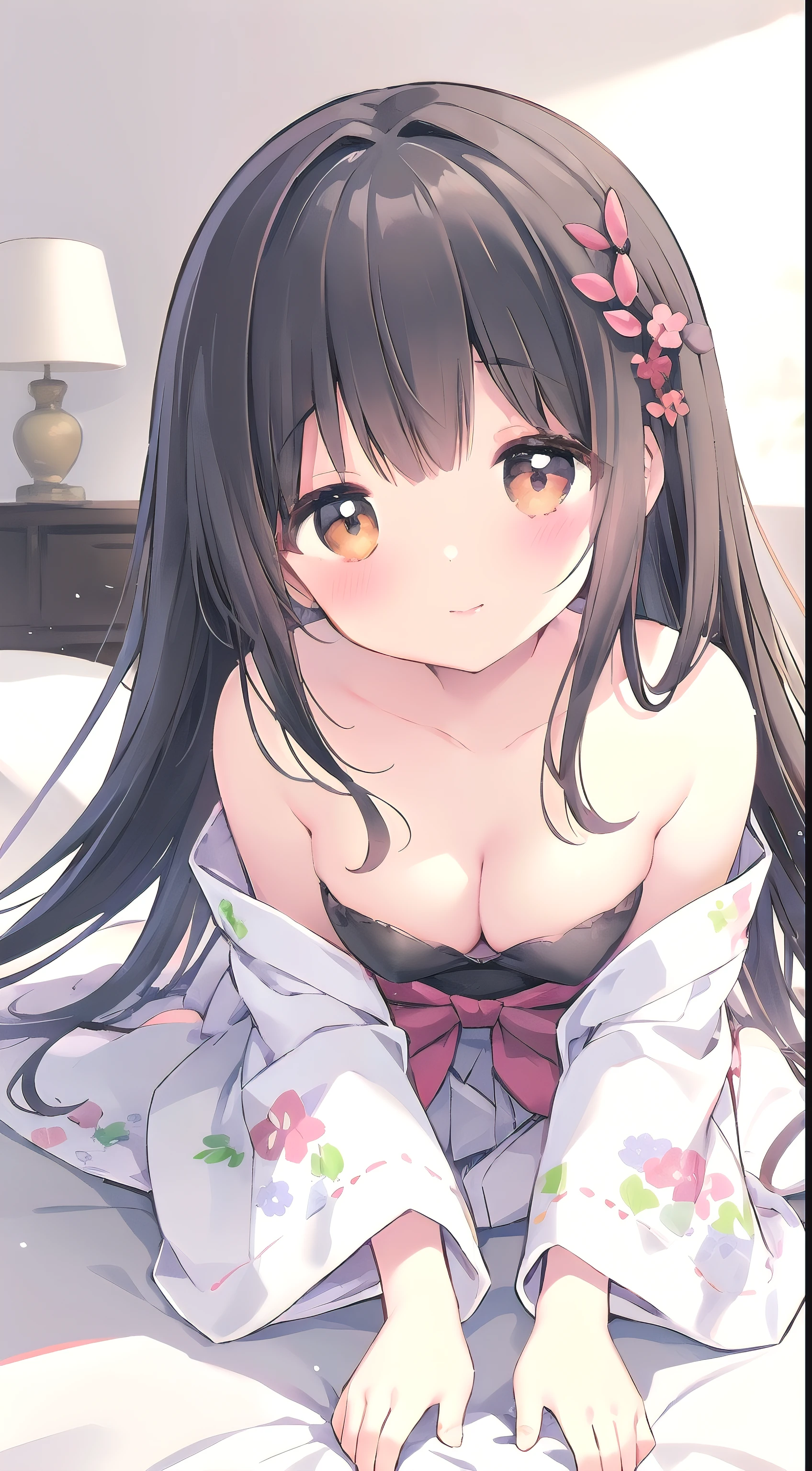 (small short figure girl, cute and petite girl little sister aura:1.5), detached sleeve, Married, Japanese bride, Wedding, wedding hakama skirt, yamato nadeshiko, 1girl, solo, outdoor, cute japanese model girl, very long hair, floral print, wedding hair ornament, wedding kimono, hakama, bangs, (masterpiece, best quality, HD Pictures, 4K:1.4), gentle look, gentle smile, gentle eyes, mature looking, pinkish cheeks, very detailed eyes, very detailed pupils, very detailed hair, furisode, flower head accesories, from front pov, detailed face, full body, look up to viewer, close up to forehead, leaning forward to viewer, detailed long black hair, (lying on bed, deep cleavage, blushing red cheeks:1.4)